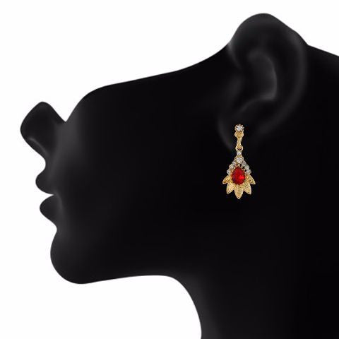 Red and Gold colour Floral shape Stone Studded Earring