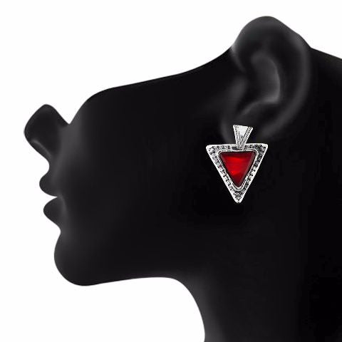 Red and Oxide Silver colour Triangle shape Stone Studded Earring