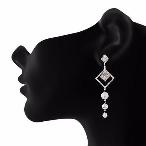Silver colour Rhombus shape Stone Studded Earring