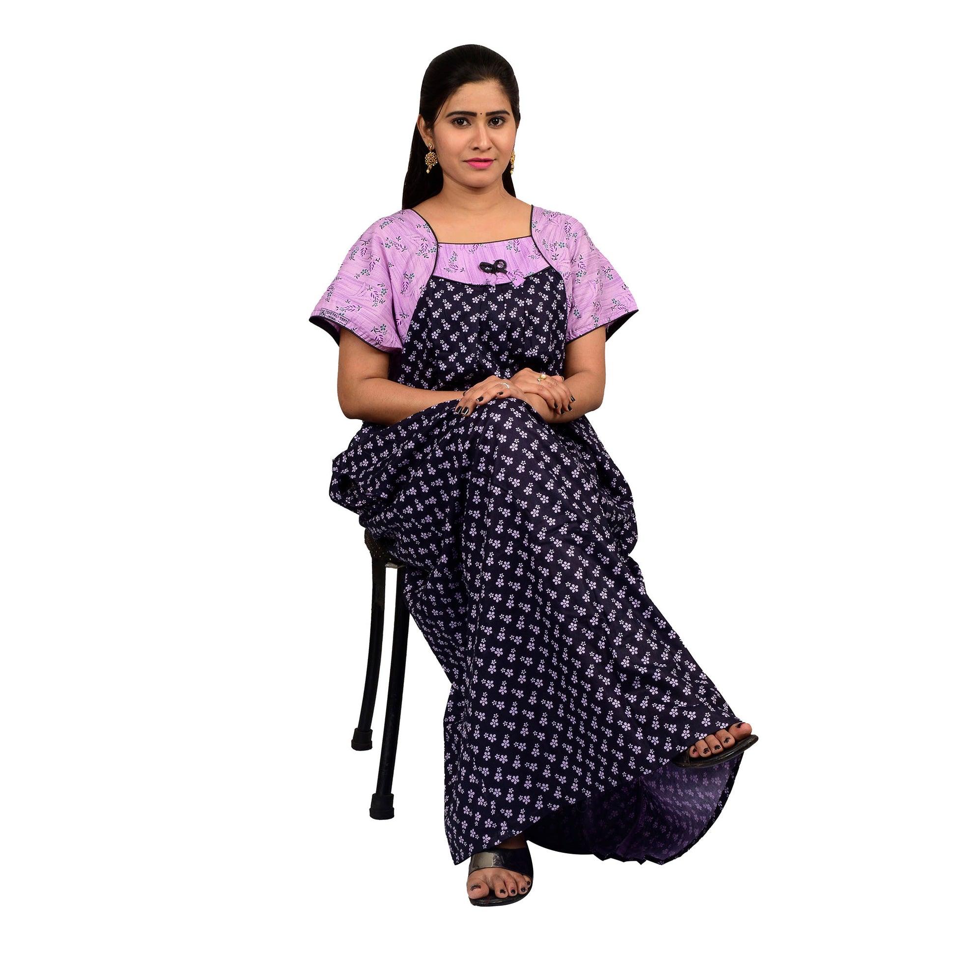 Printed Cotton Nighty For Women - Purple