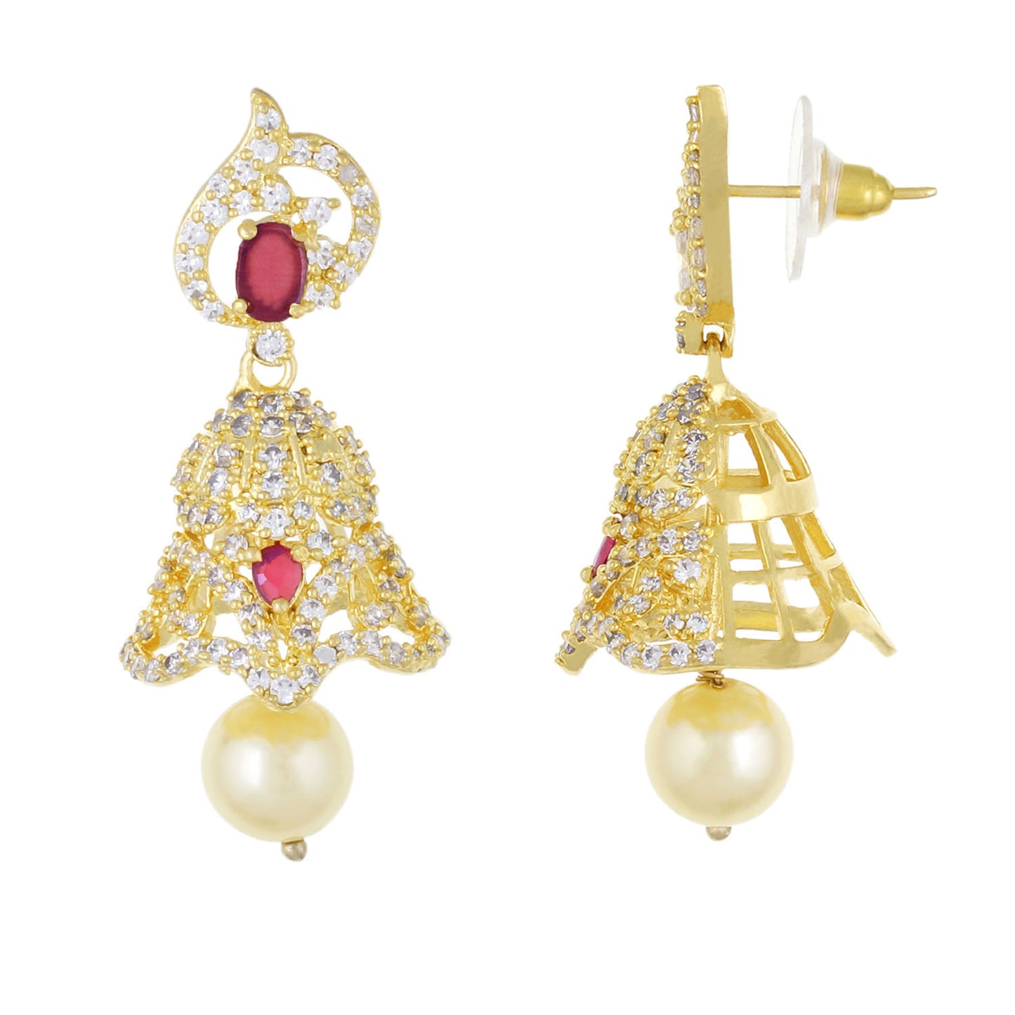 Traditional Gold Plated CZ Copper Jhumki with Pearl Hanging for Ladies and Girls