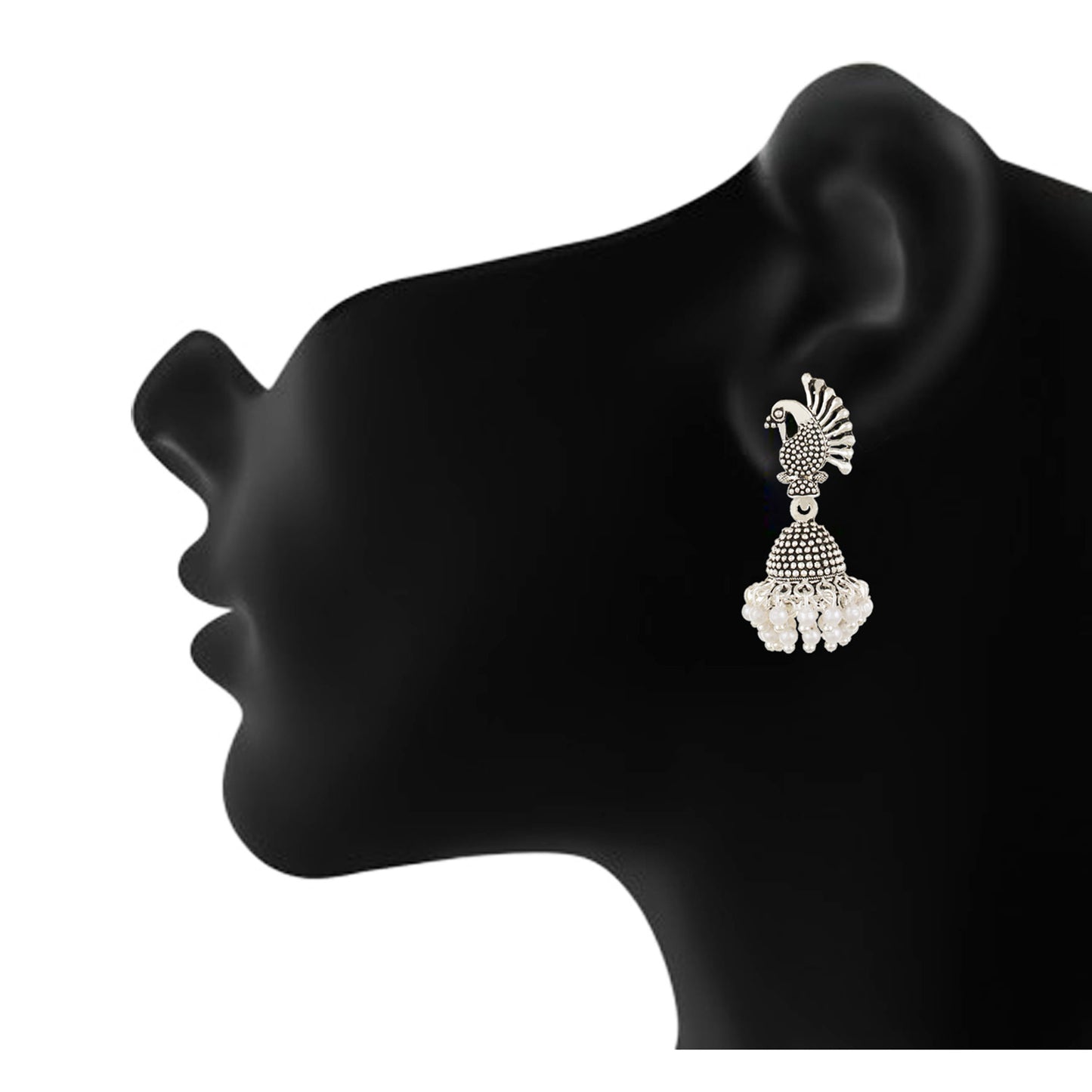 Silver plated Pearl Mayur Stud Jhumki Earrings Fashion Imitaion Jewelry for Girls and Women