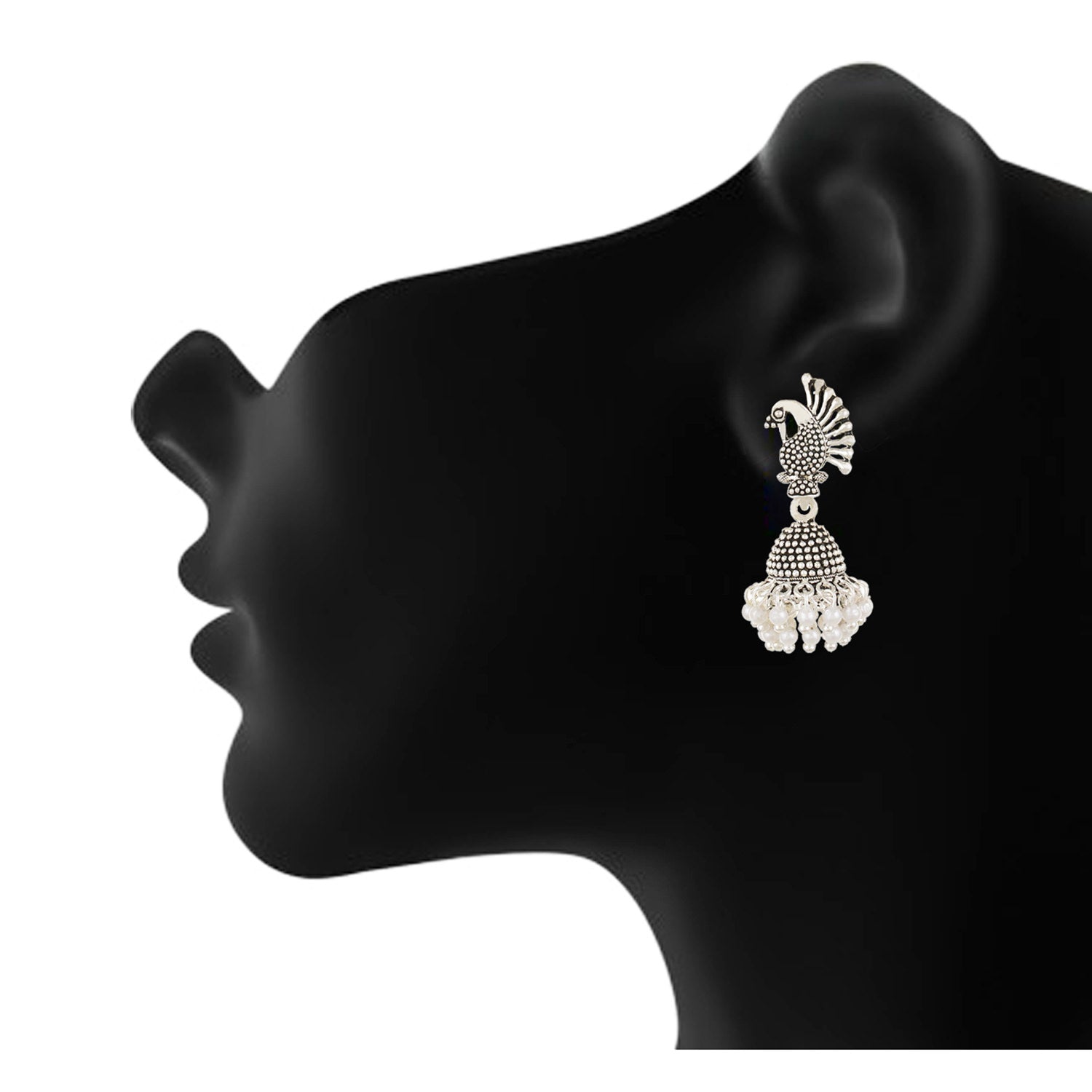 Silver plated Pearl Mayur Stud Jhumki Earrings Fashion Imitaion Jewelry for Girls and Women