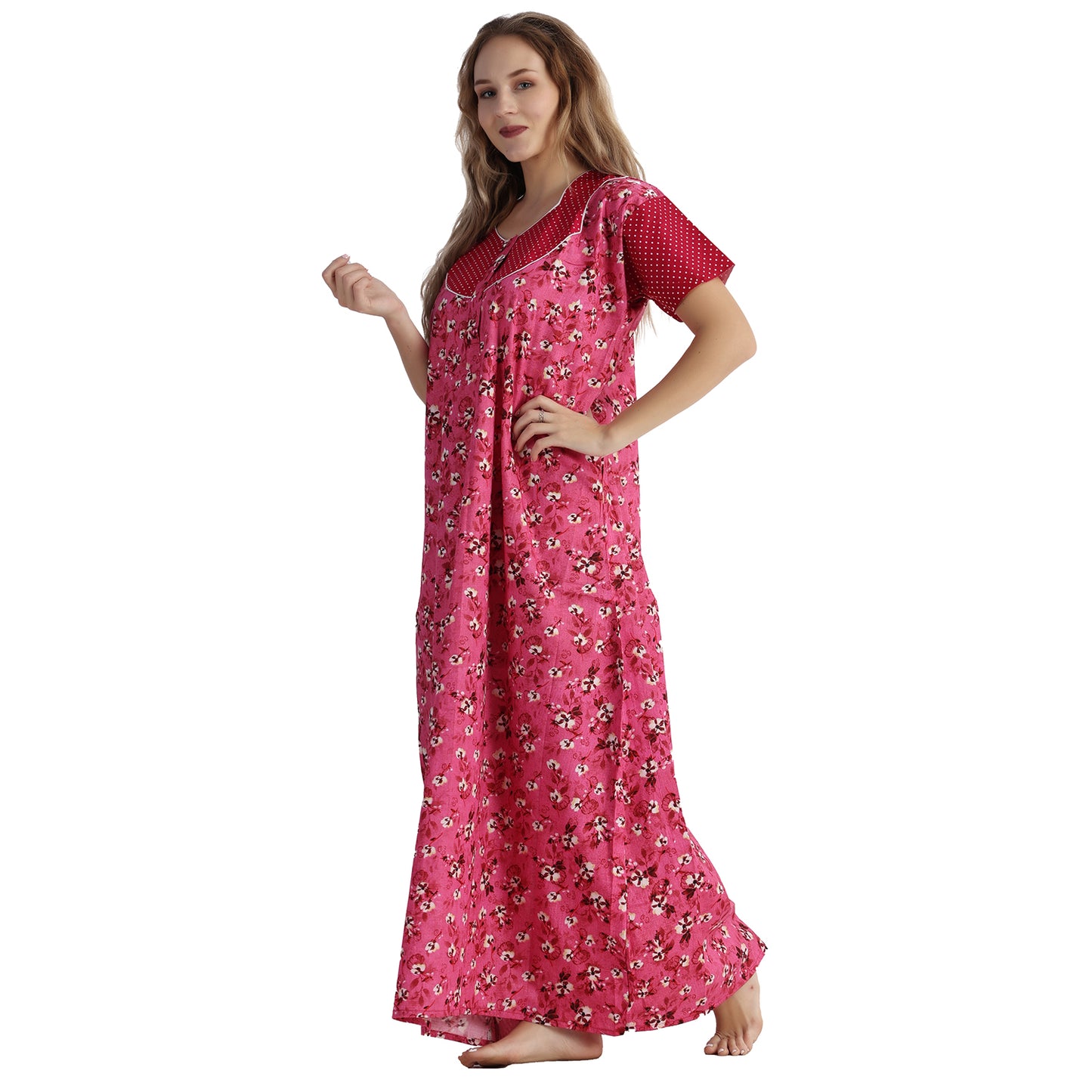 Printed Cotton Nighty For Women - Pink