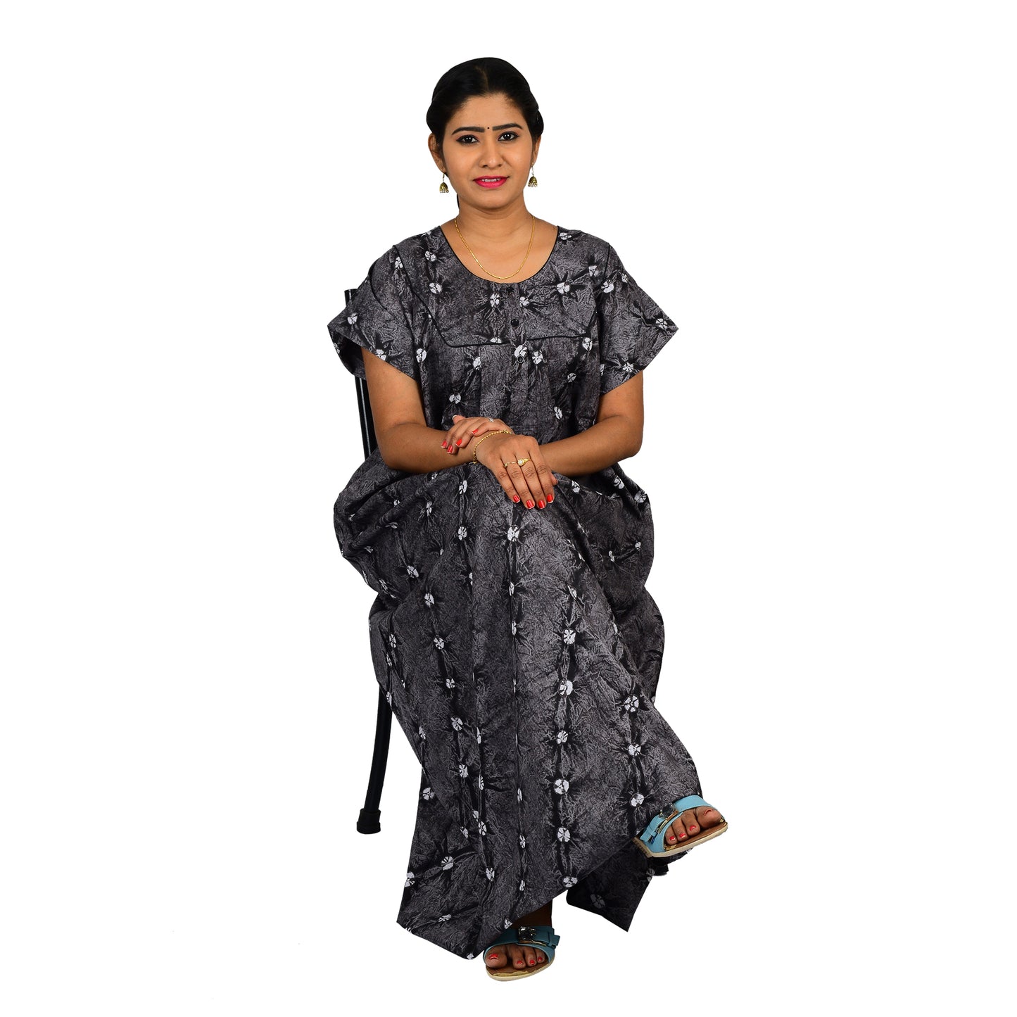 Printed Cotton Nighty For Women - Grey