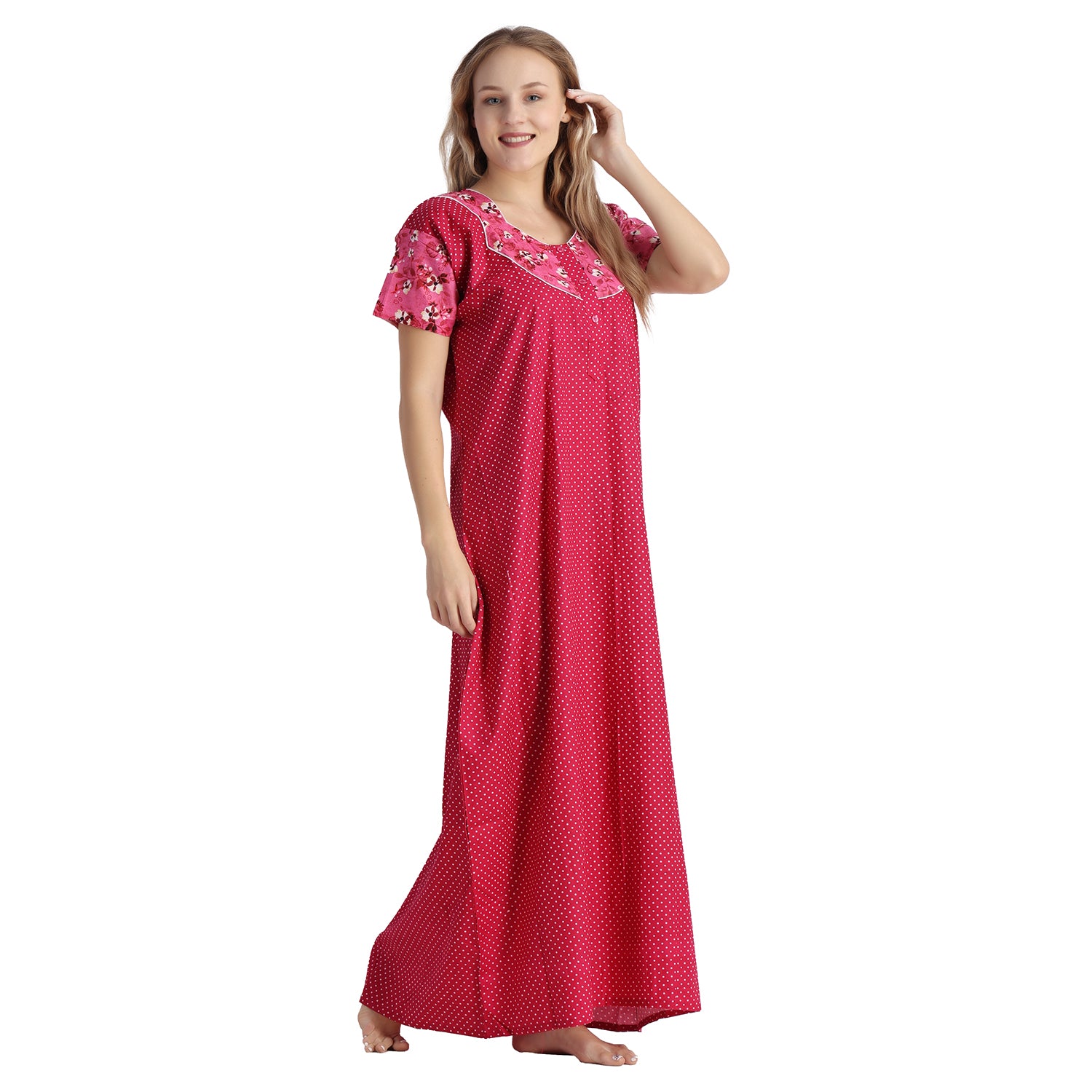 Printed Cotton Nighty For Women - Pink
