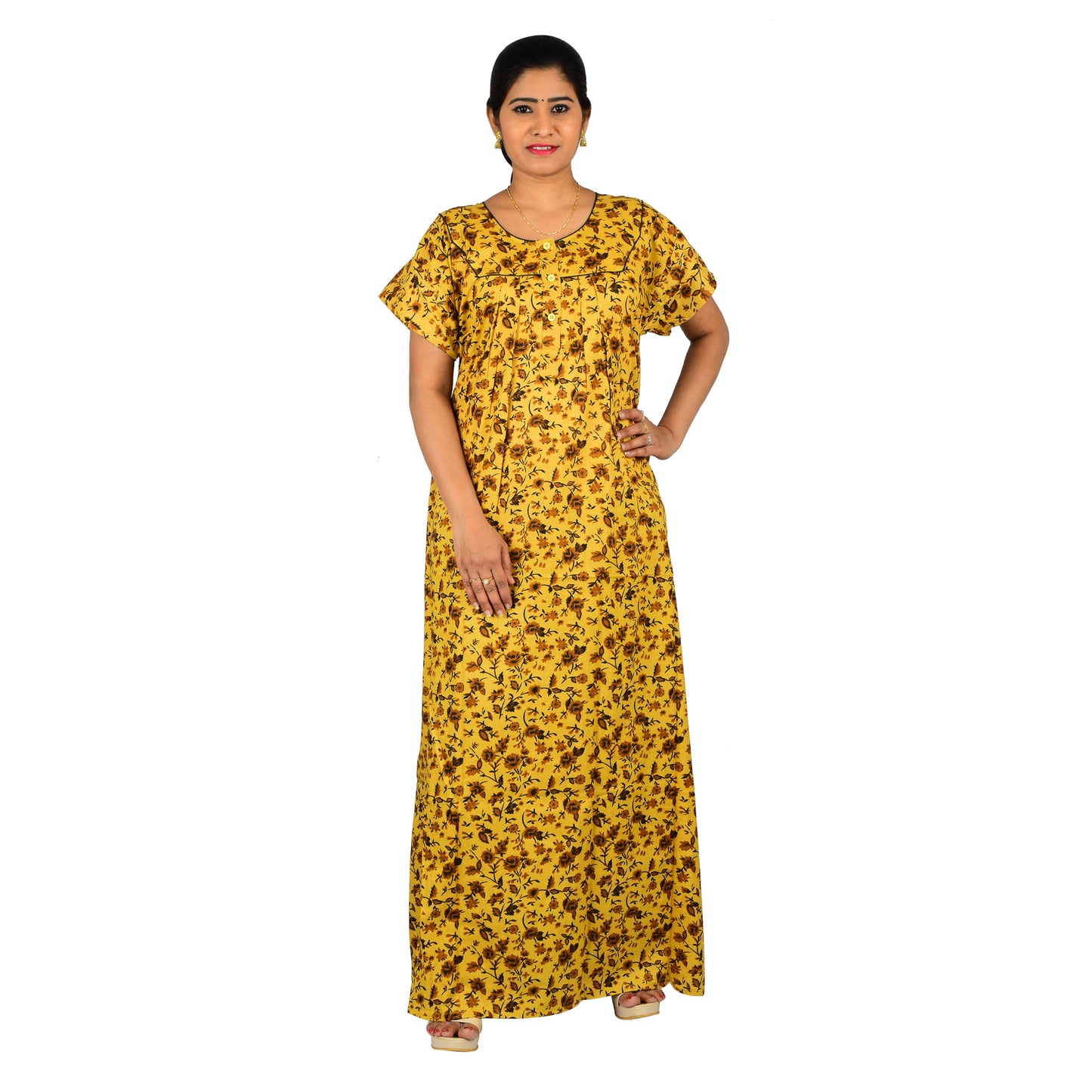 Printed Cotton Nighty For Women - Yellow