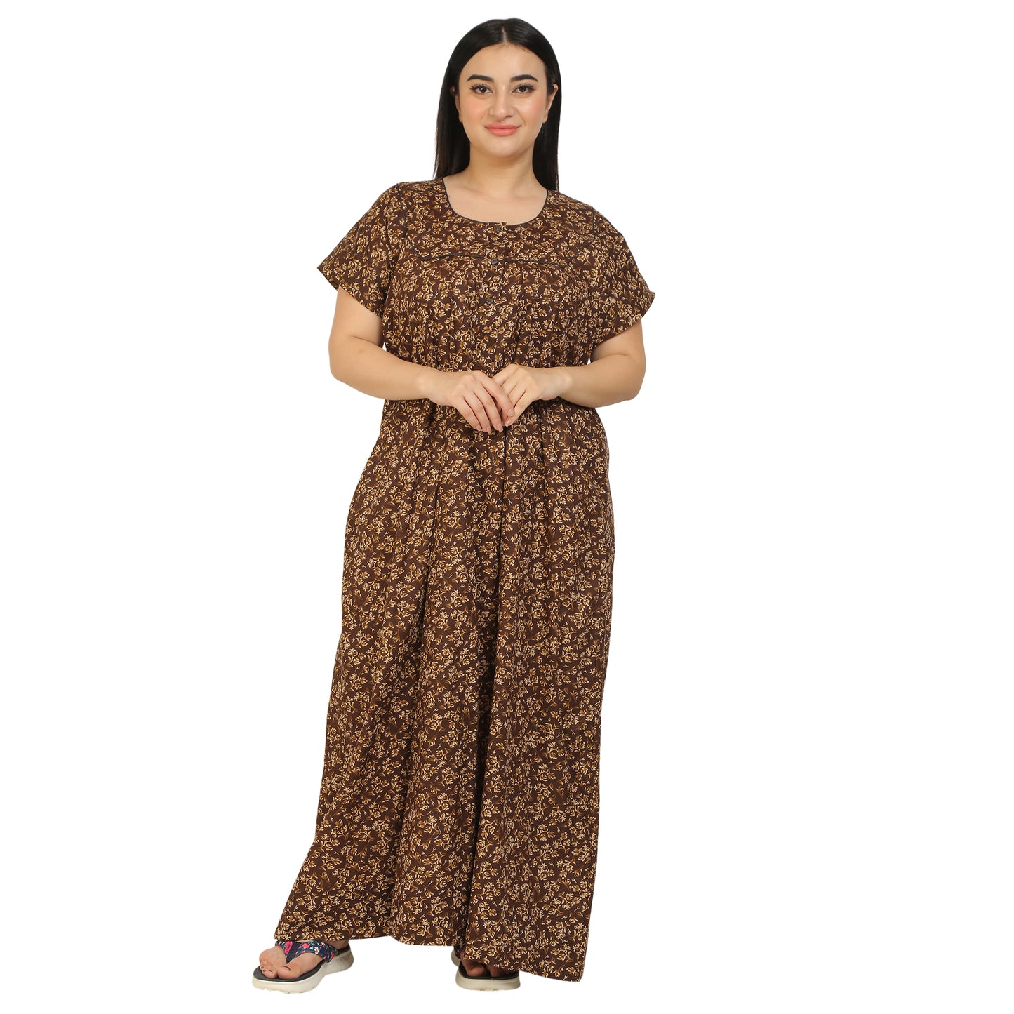 Printed Cotton Nighty For Women - Yellow