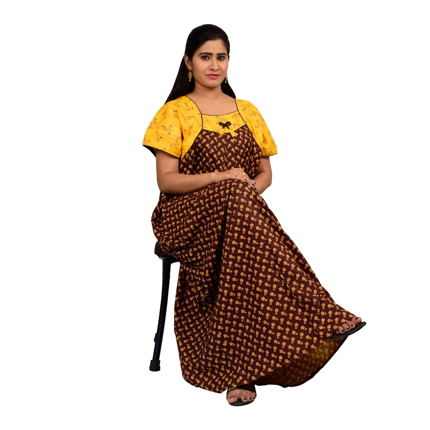 Printed Cotton Nighty For Women - Yellow