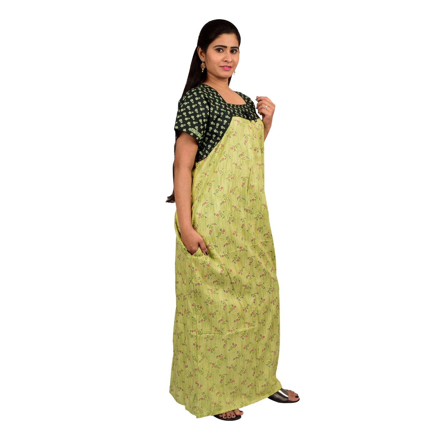 Printed Cotton Nighty For Women - Green