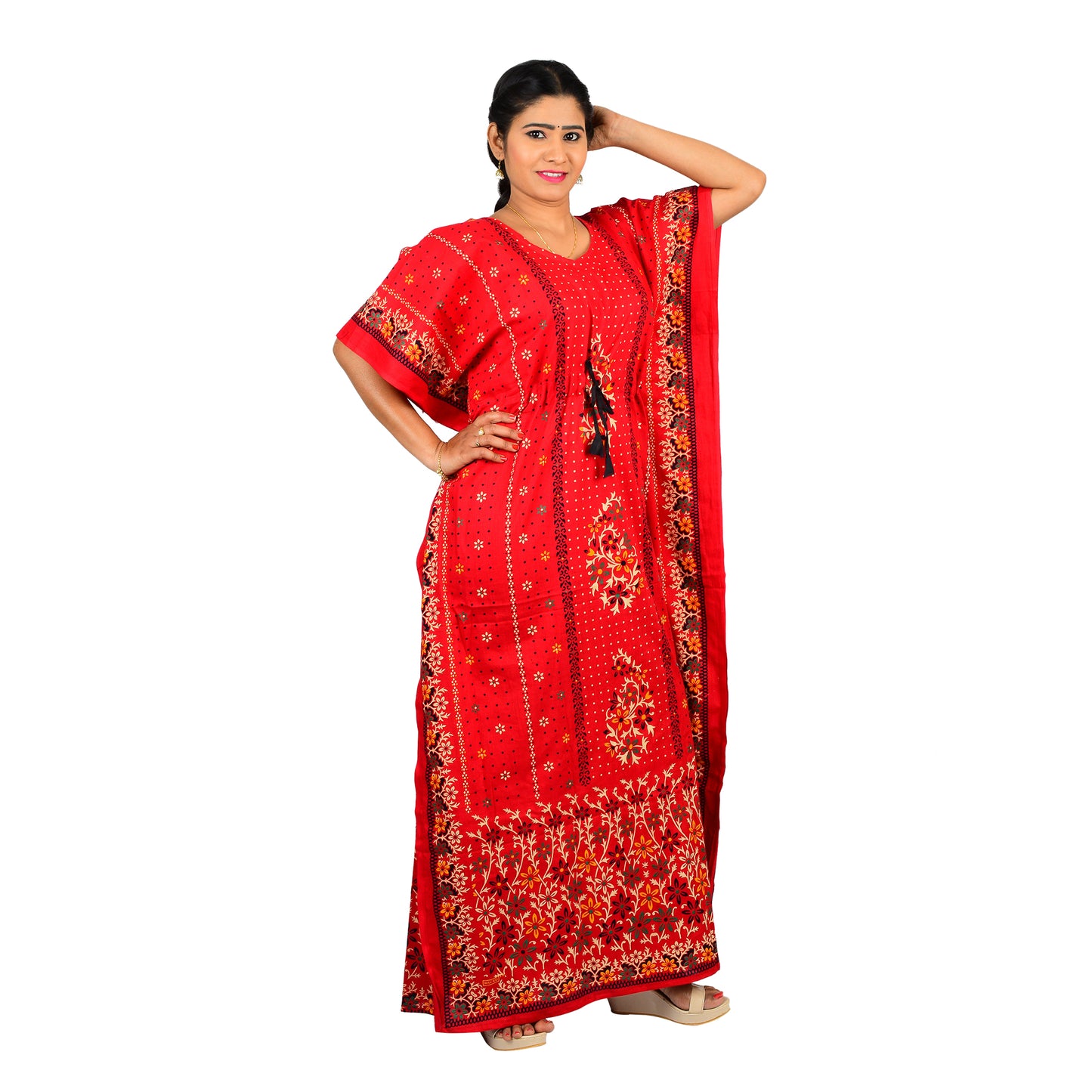 Printed Cotton Nighty For Women - Red