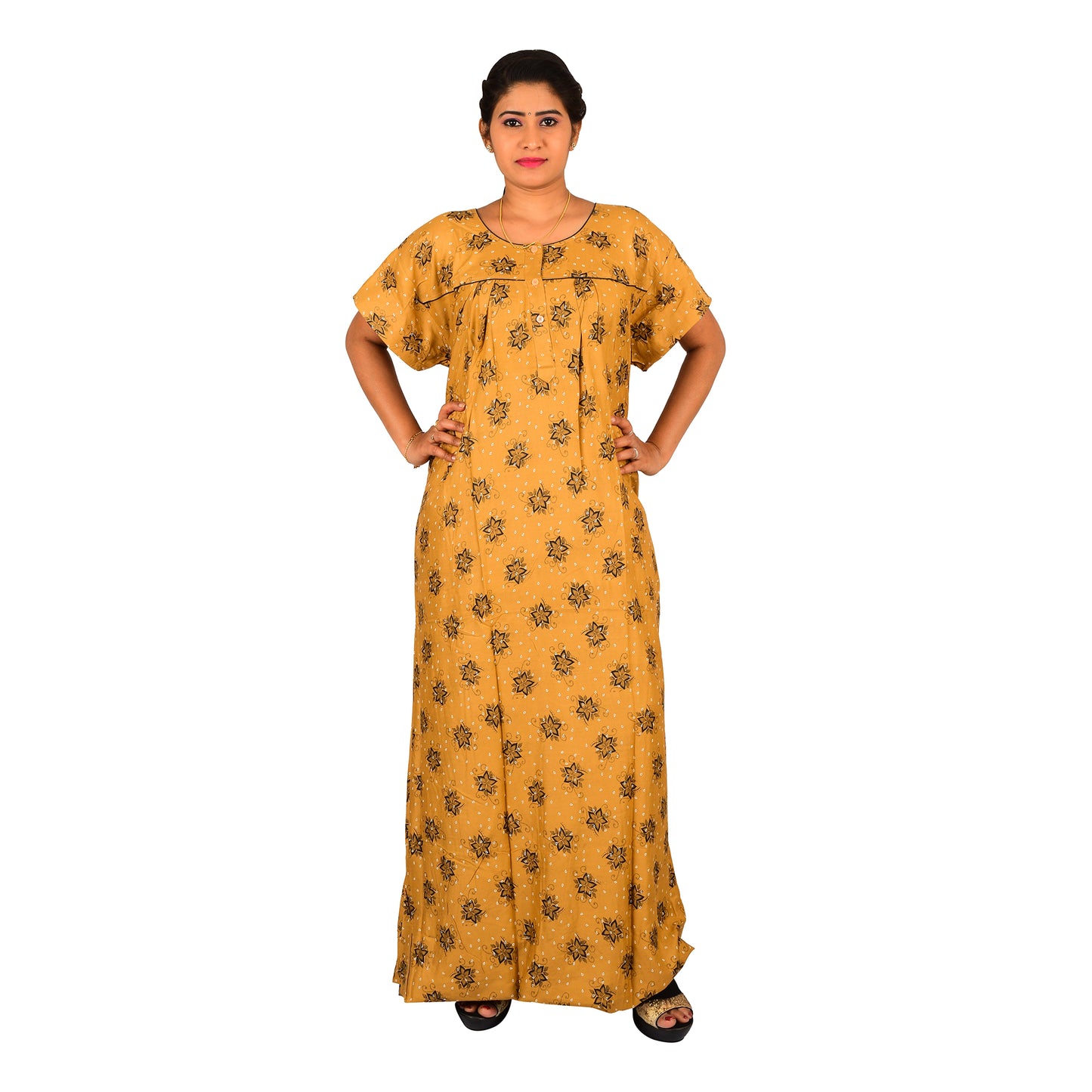 Printed Rayon Nighty For Women - Brown