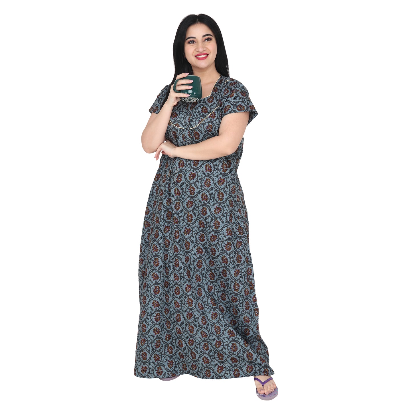 Printed Cotton Nighty For Women - Blue