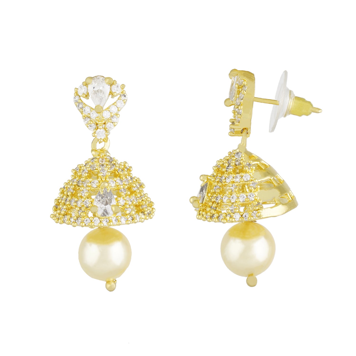 Traditional Gold Plated CZ Copper Jhumki with Pearl Hanging for Ladies and Girls
