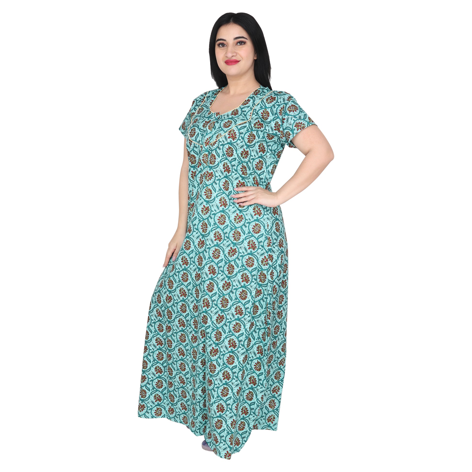 Printed Cotton Nighty For Women - Green