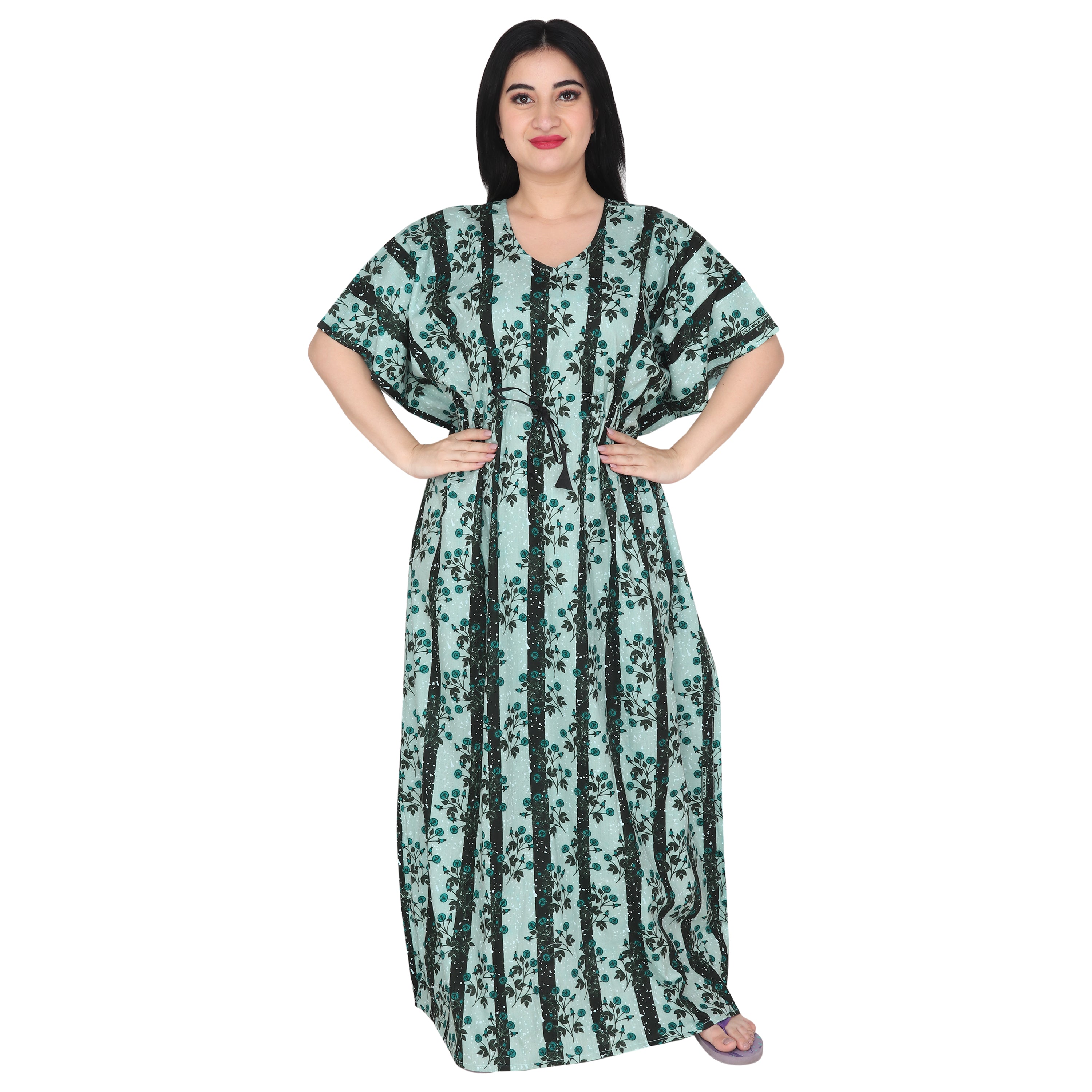 Printed Cotton Kaftan Nighty For Women Green KF0043 G Size Free