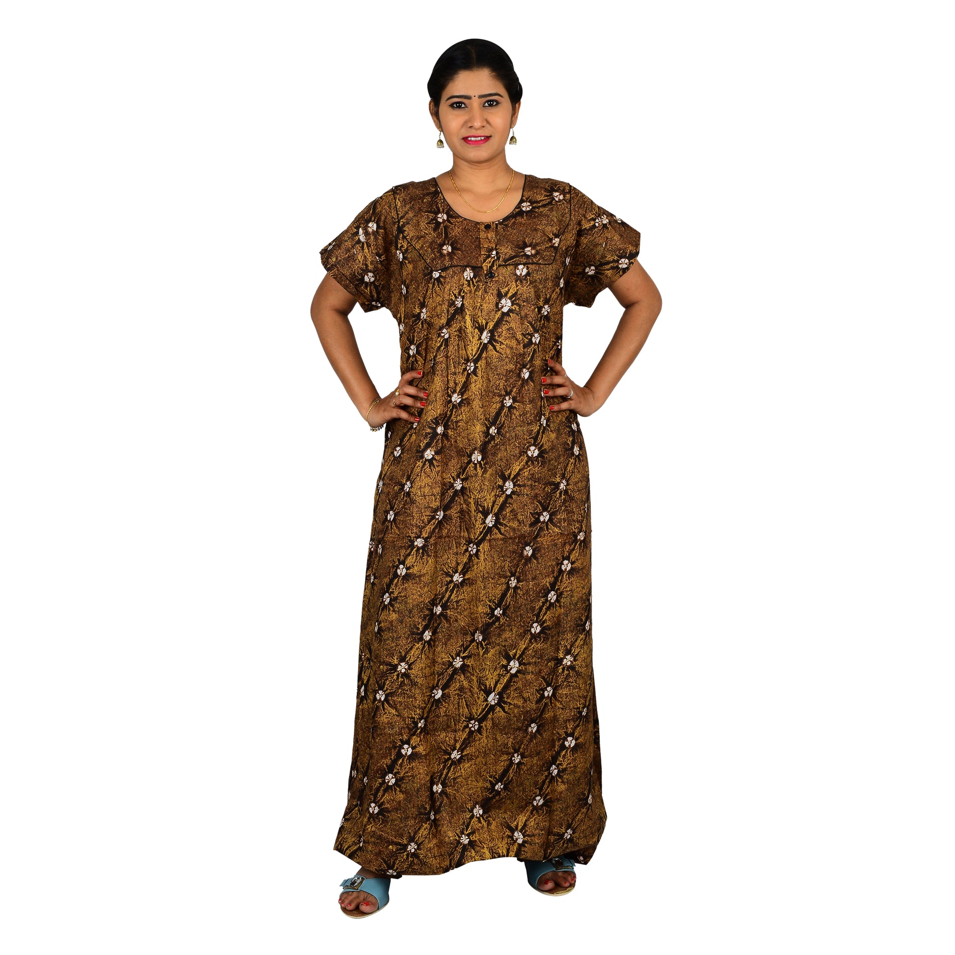 Printed Cotton Nighty For Women - Brown