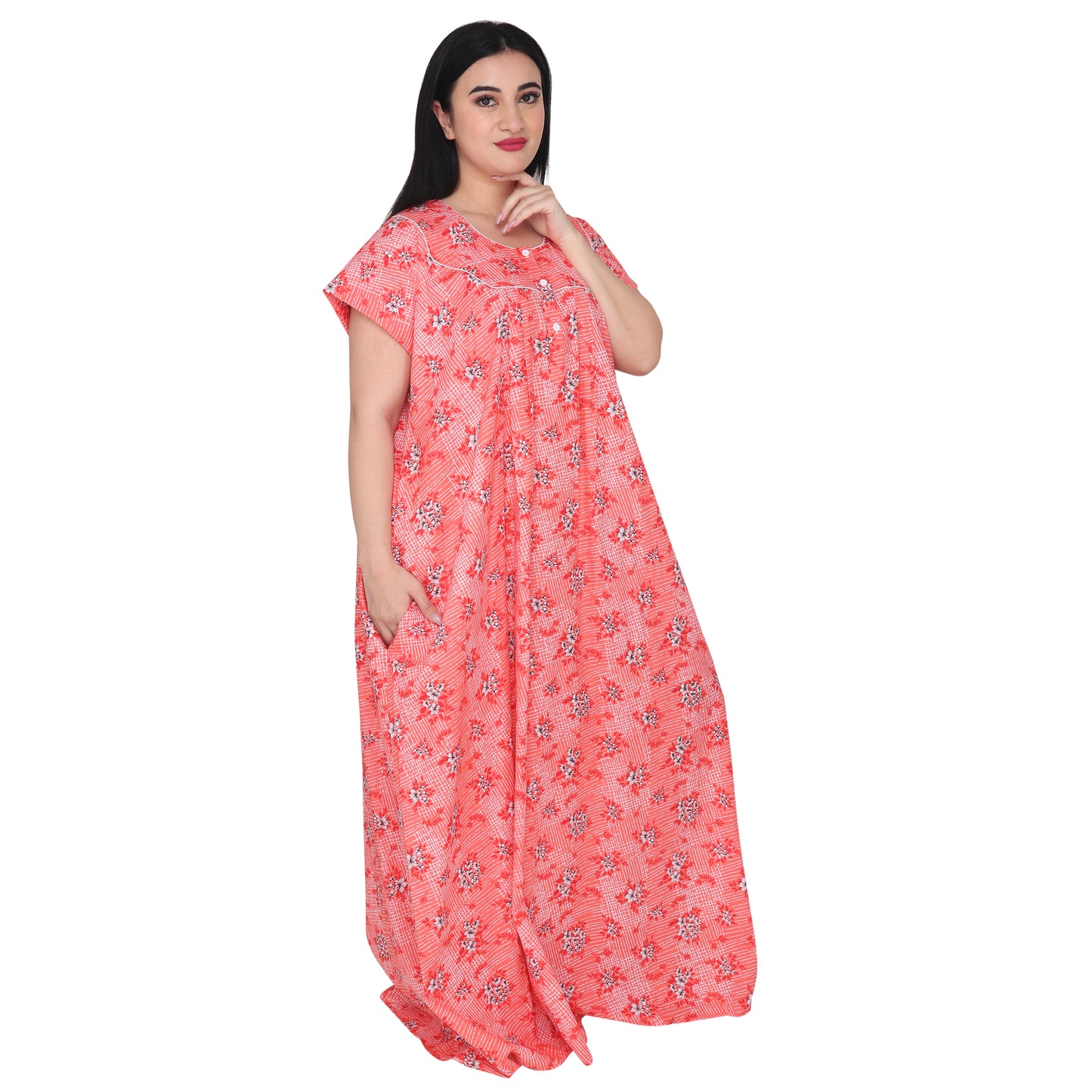 Printed Cotton Nighty For Women - Orange