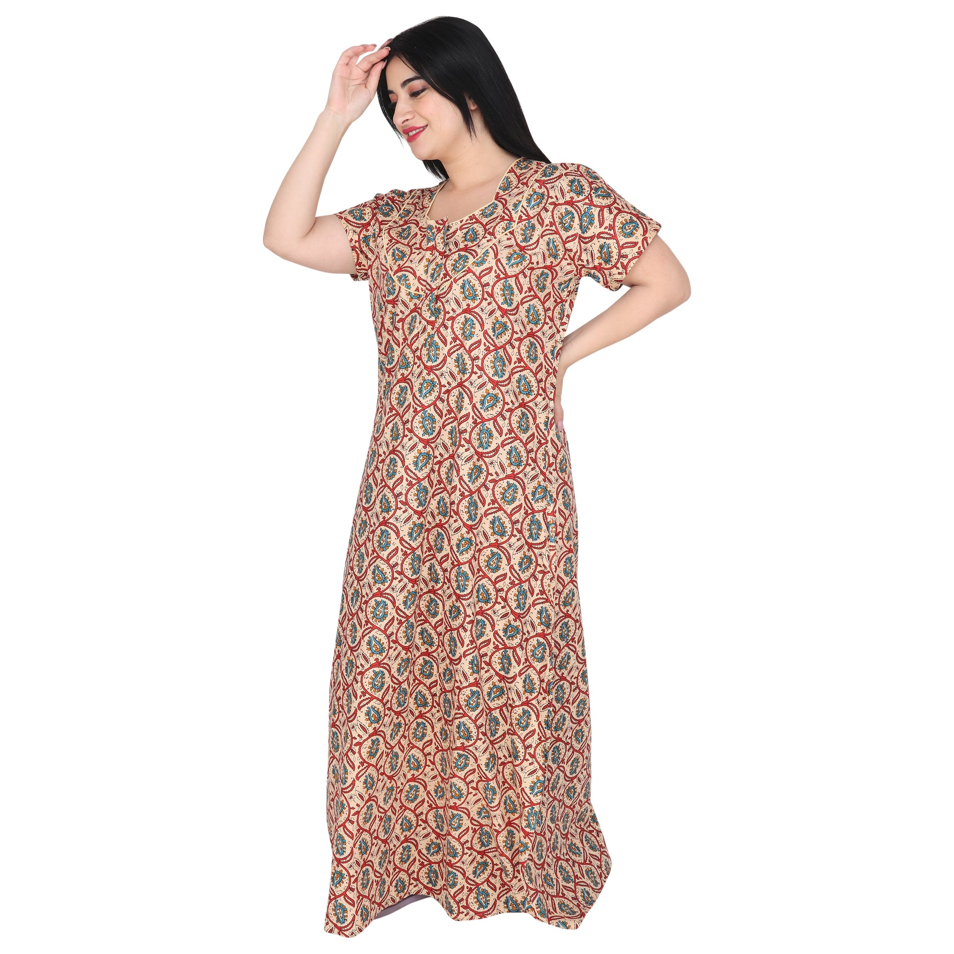 Printed Cotton Nighty For Women - Brown