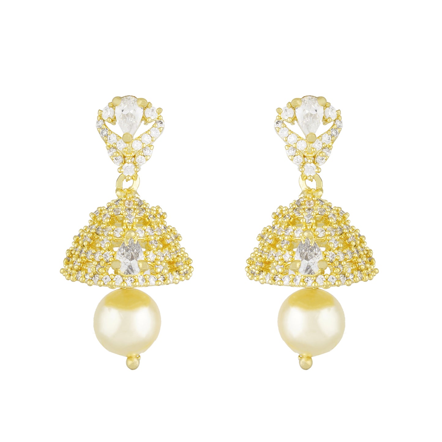 Traditional Gold Plated CZ Copper Jhumki with Pearl Hanging for Ladies and Girls