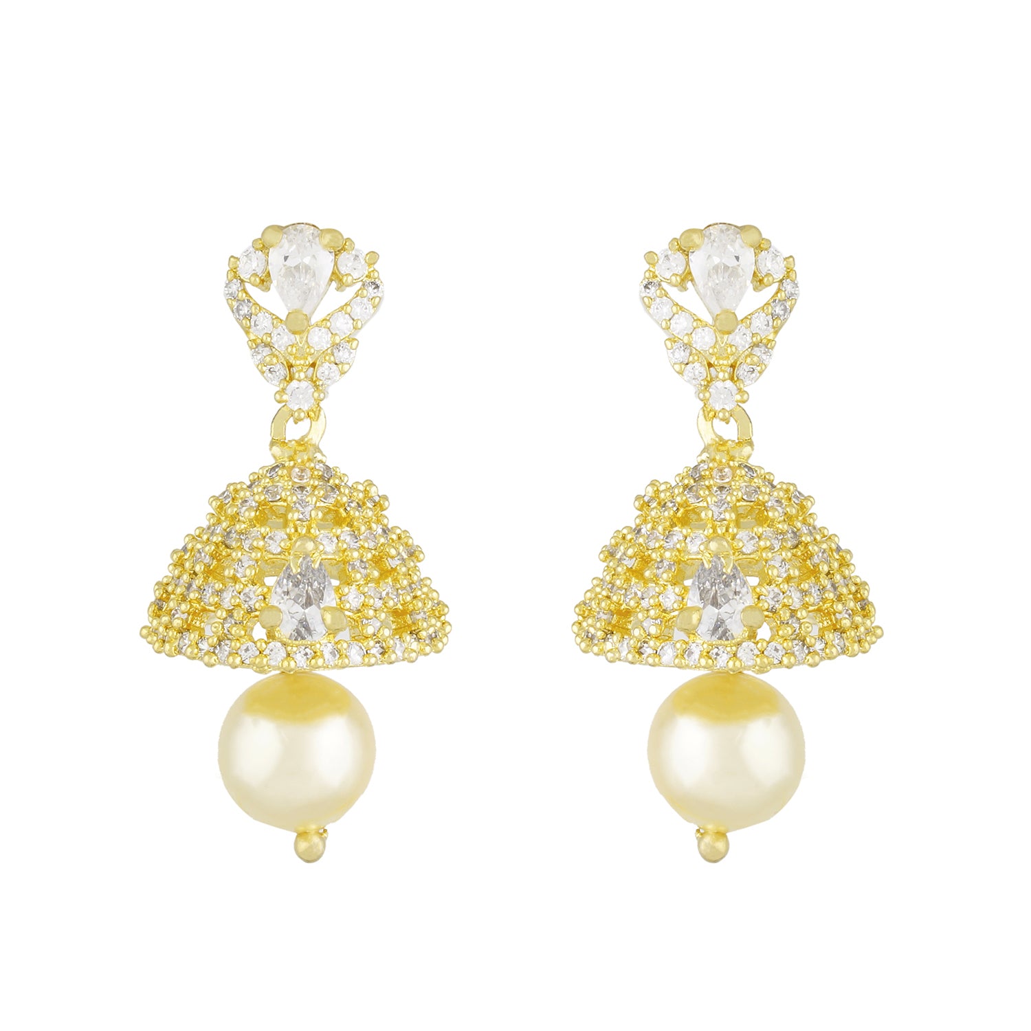 Traditional Gold Plated CZ Copper Jhumki with Pearl Hanging for Ladies and Girls