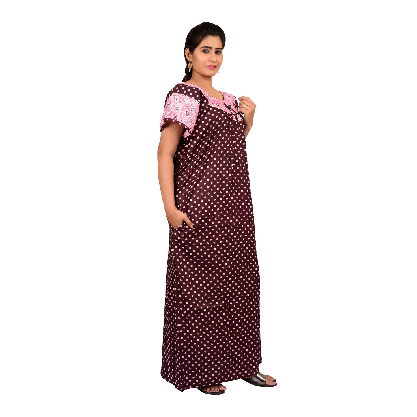 Printed Cotton Nighty For Women - Pink