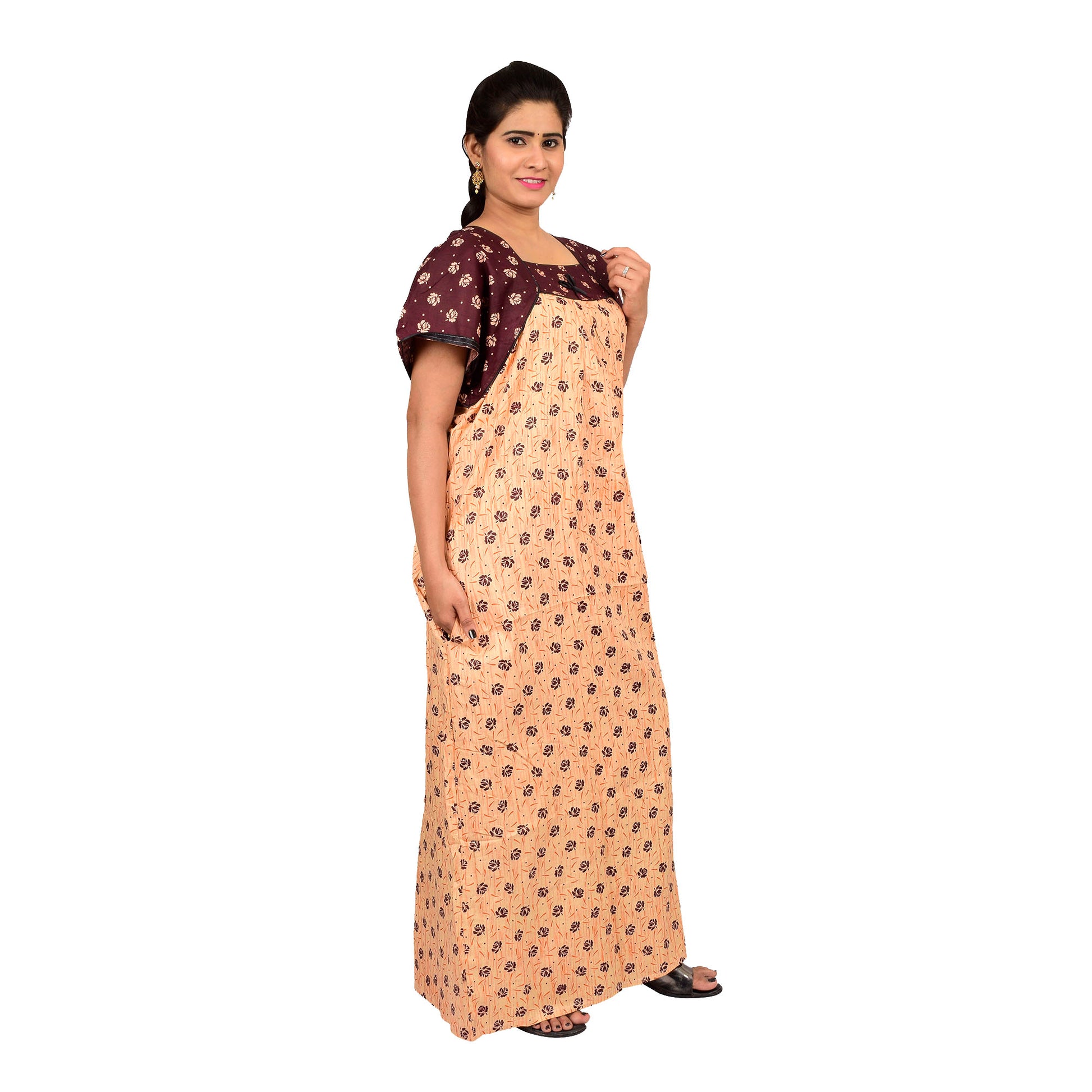 Printed Cotton Nighty For Women - Peach