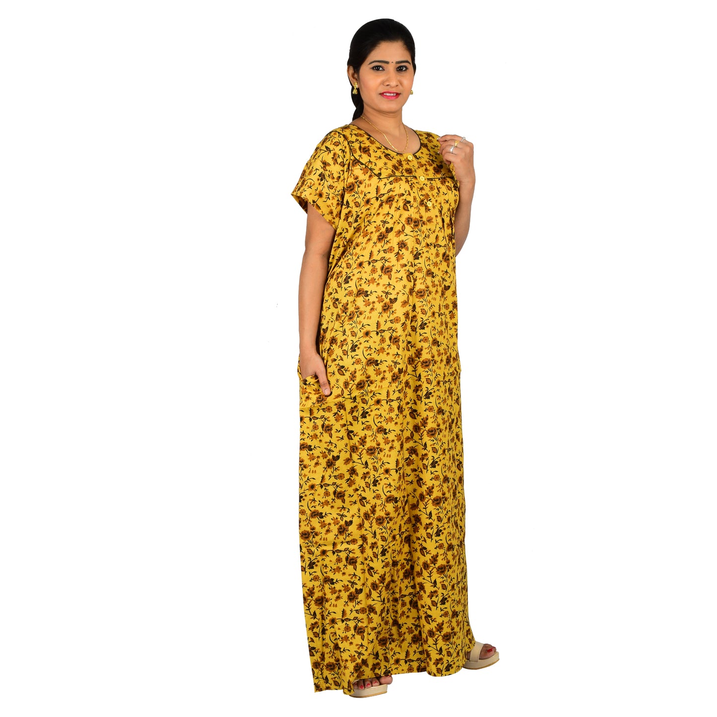 Printed Cotton Nighty For Women - Yellow
