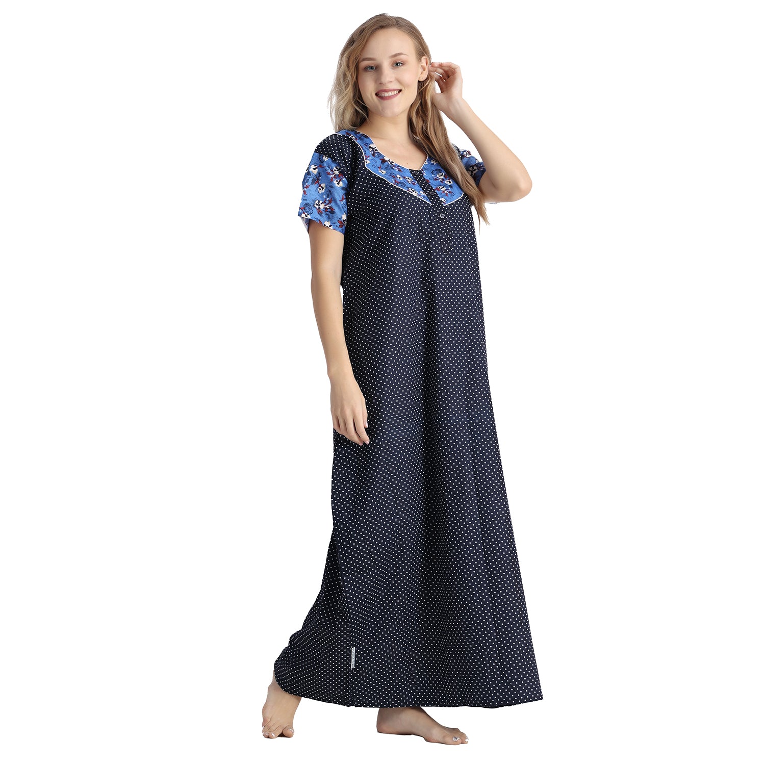 Printed Cotton Nighty For Women - Blue