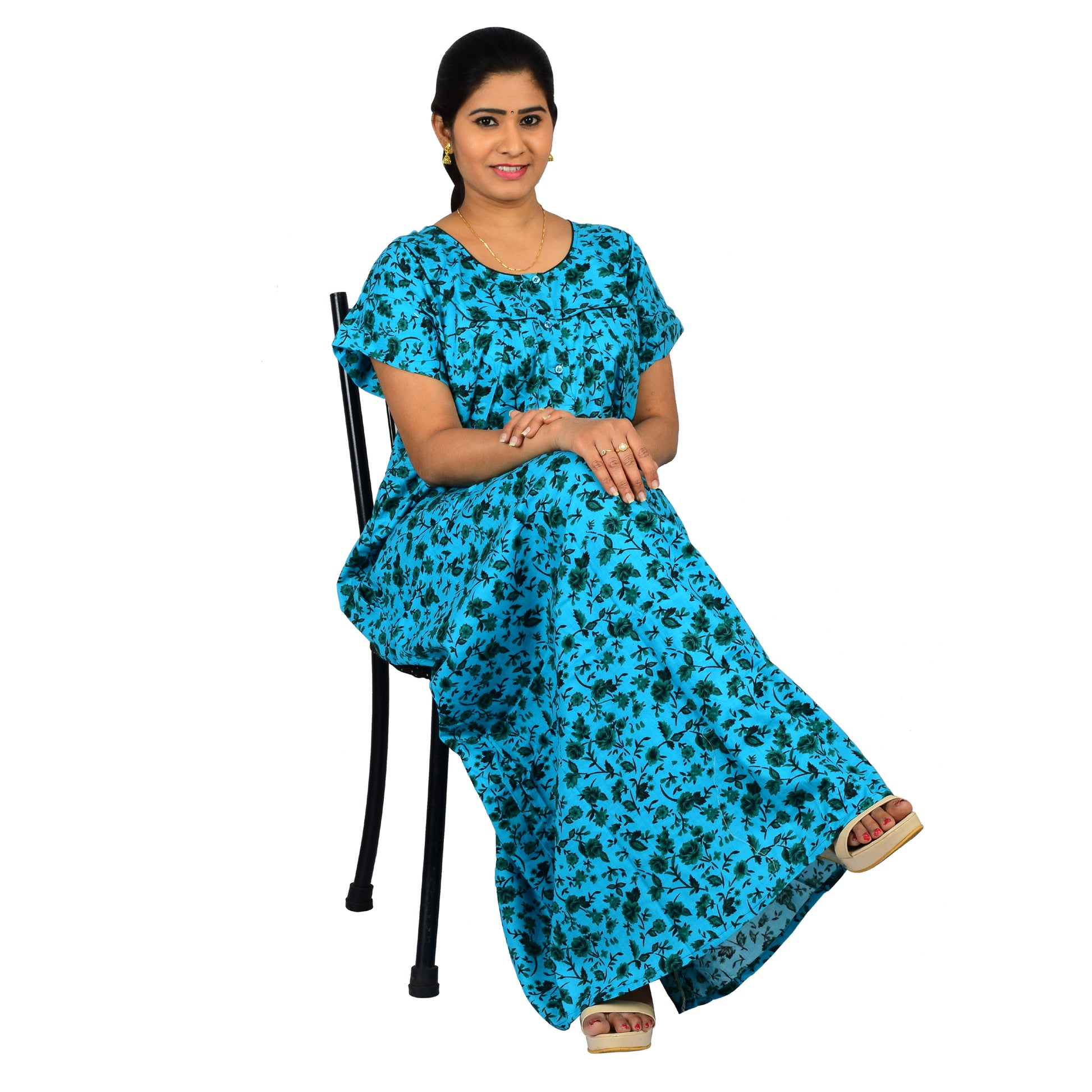 Printed Cotton Nighty For Women - Blue