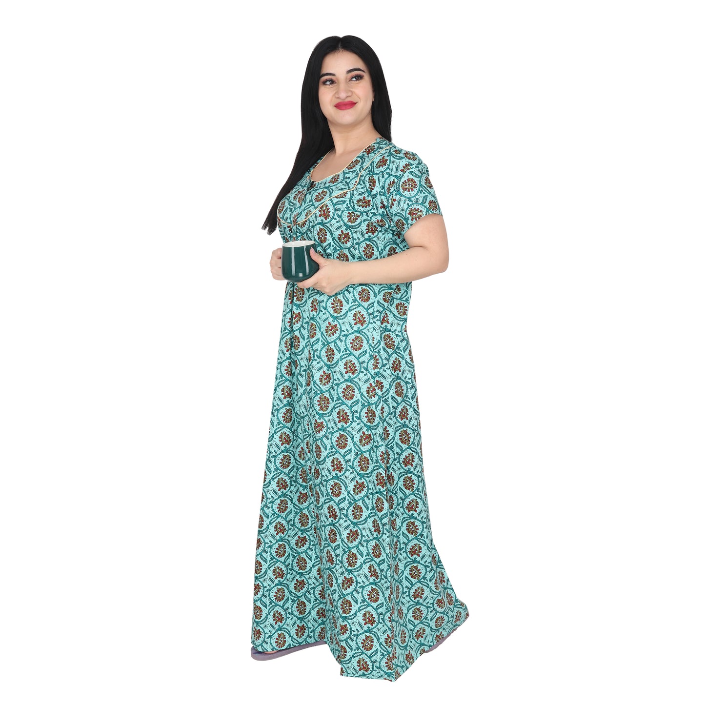 Printed Cotton Nighty For Women - Green