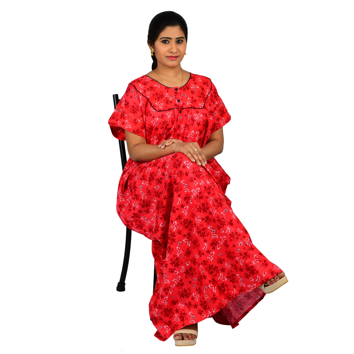 Printed Cotton Nighty For Women - Red