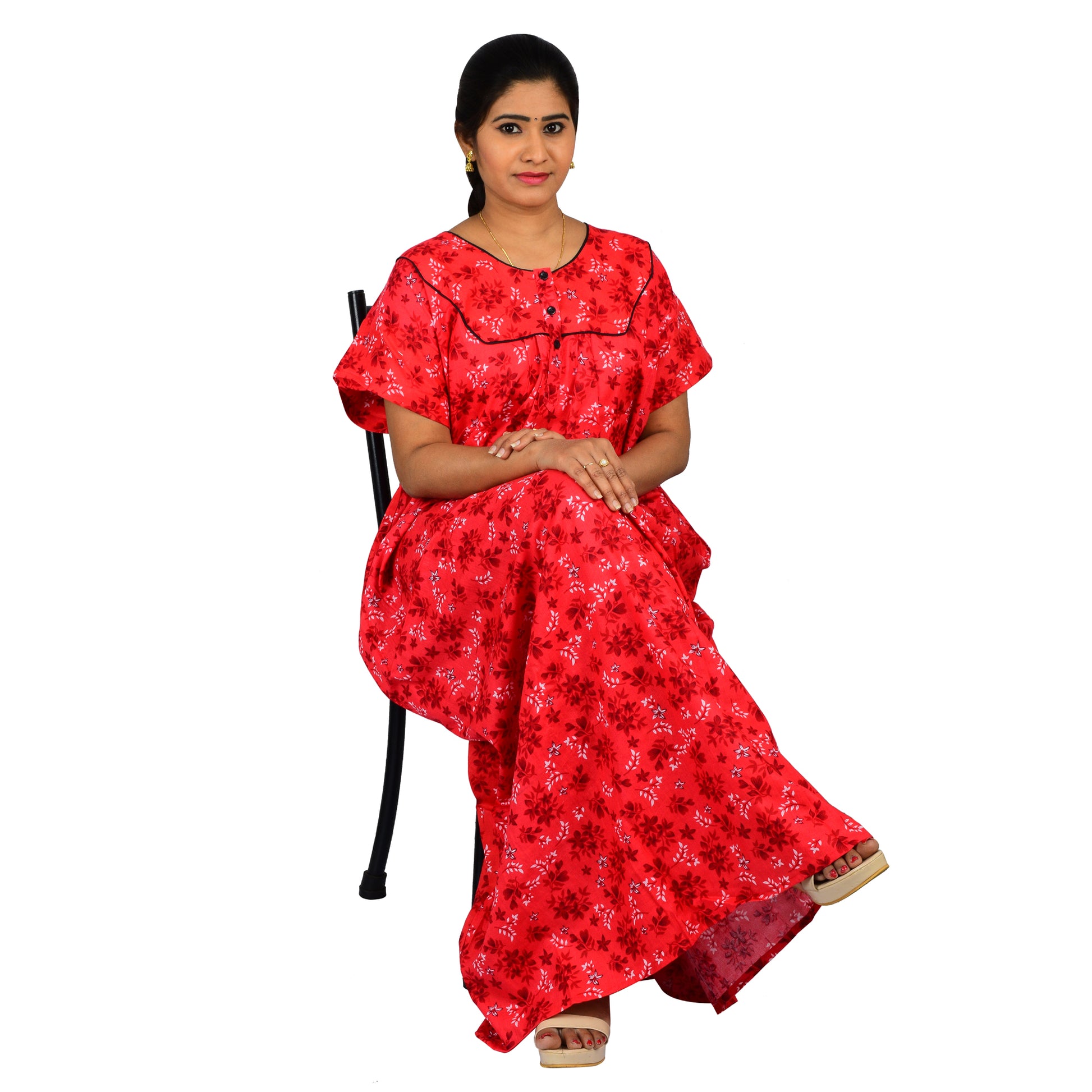 Printed Cotton Nighty For Women - Red