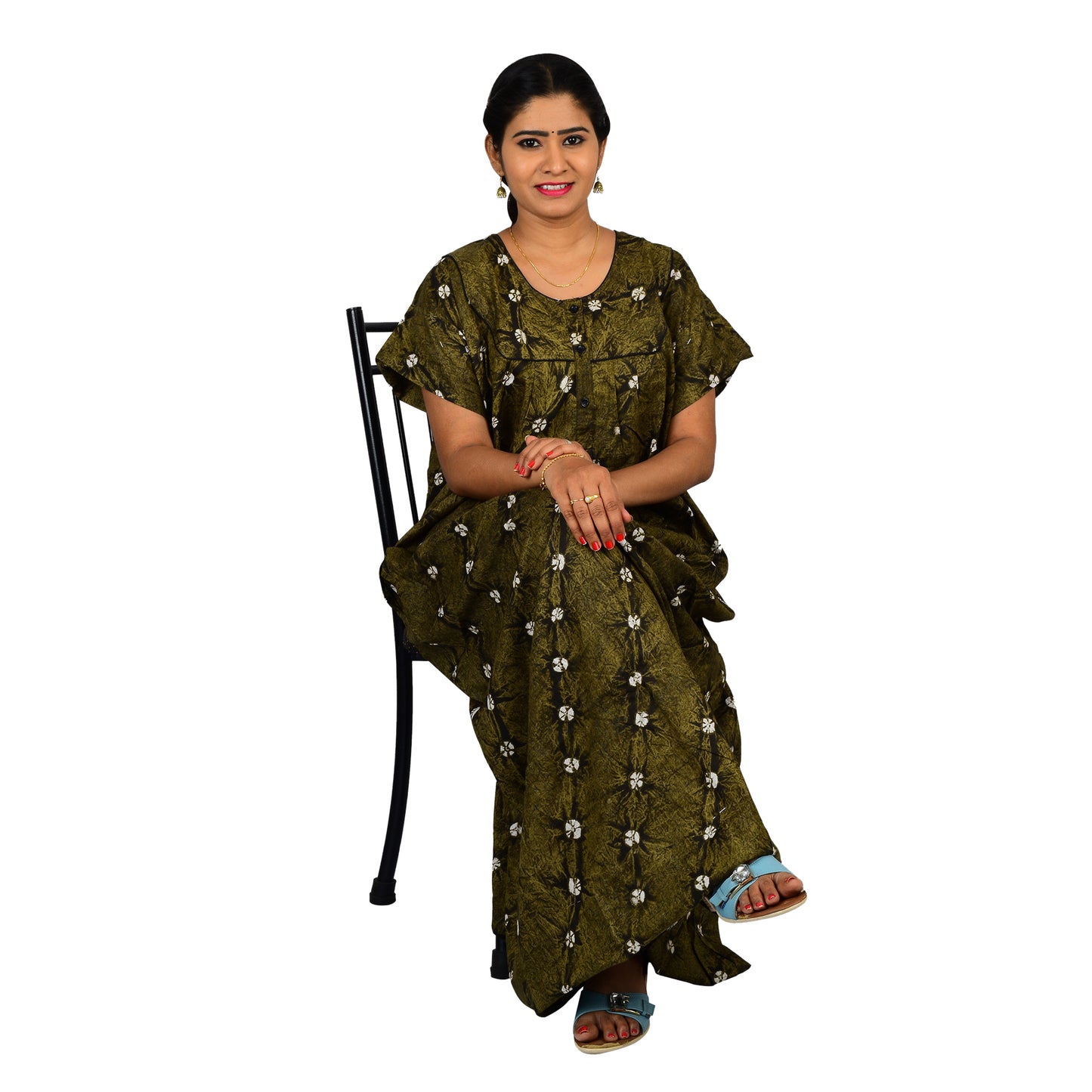 Printed Cotton Nighty For Women - Green