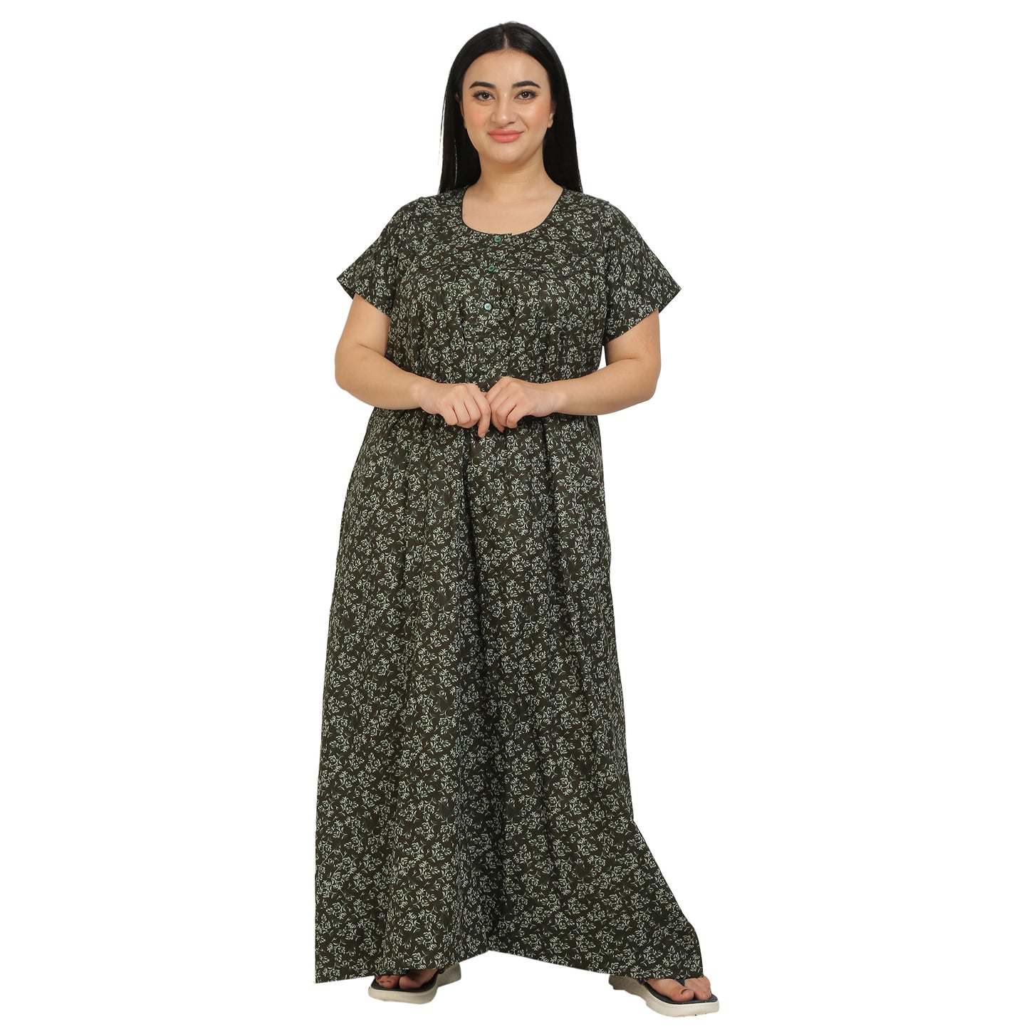 Printed Cotton Nighty For Women - Light Green