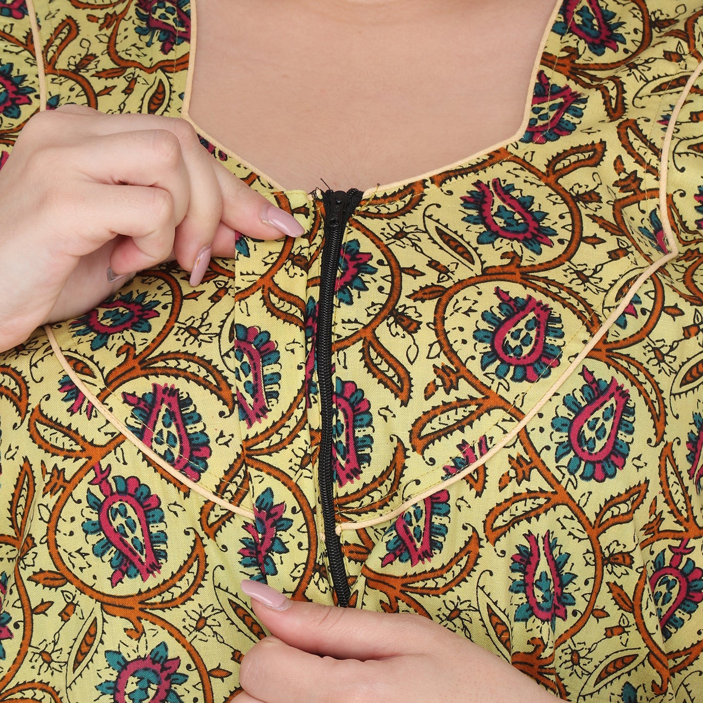 Printed Cotton Nighty For Women - Yellow