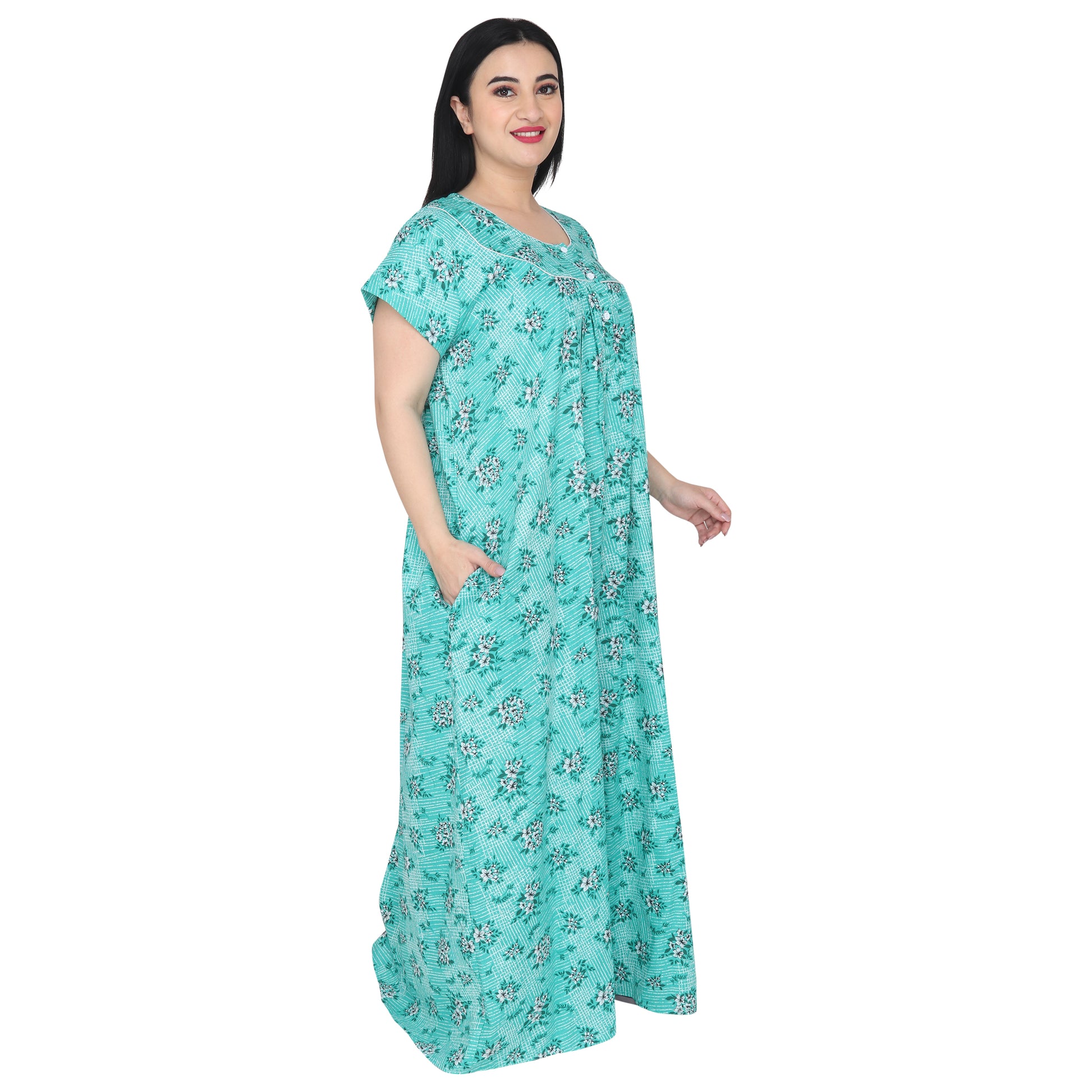 Printed Cotton Nighty For Women - Green