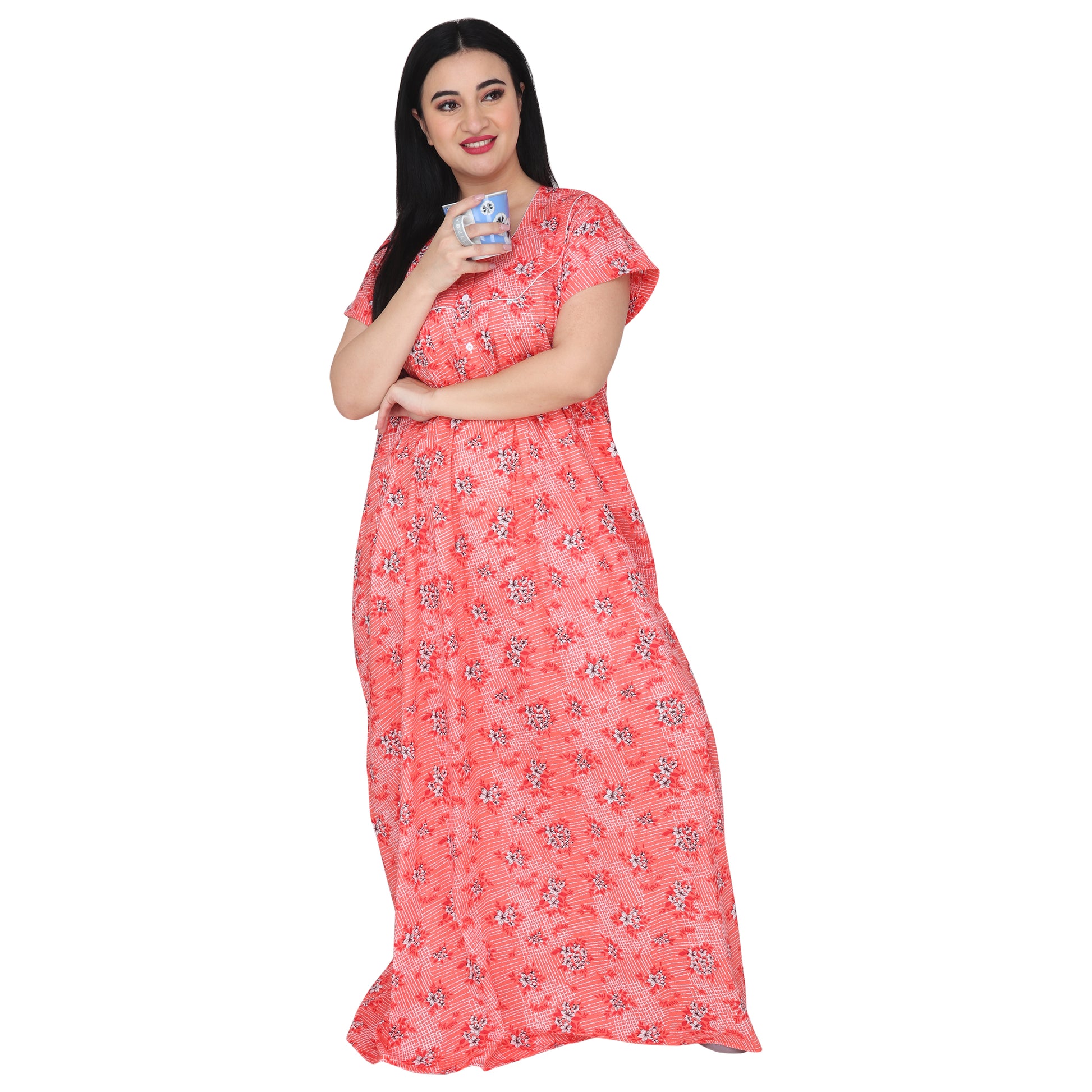 Printed Cotton Nighty For Women - Orange