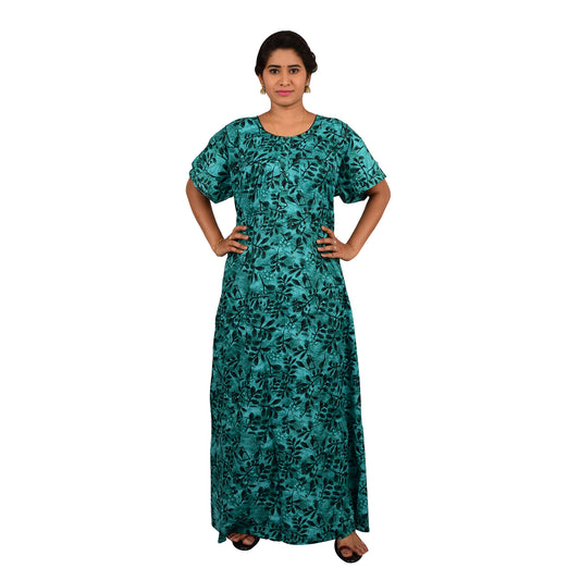 Printed Cotton Nighty For Women - Dark Green
