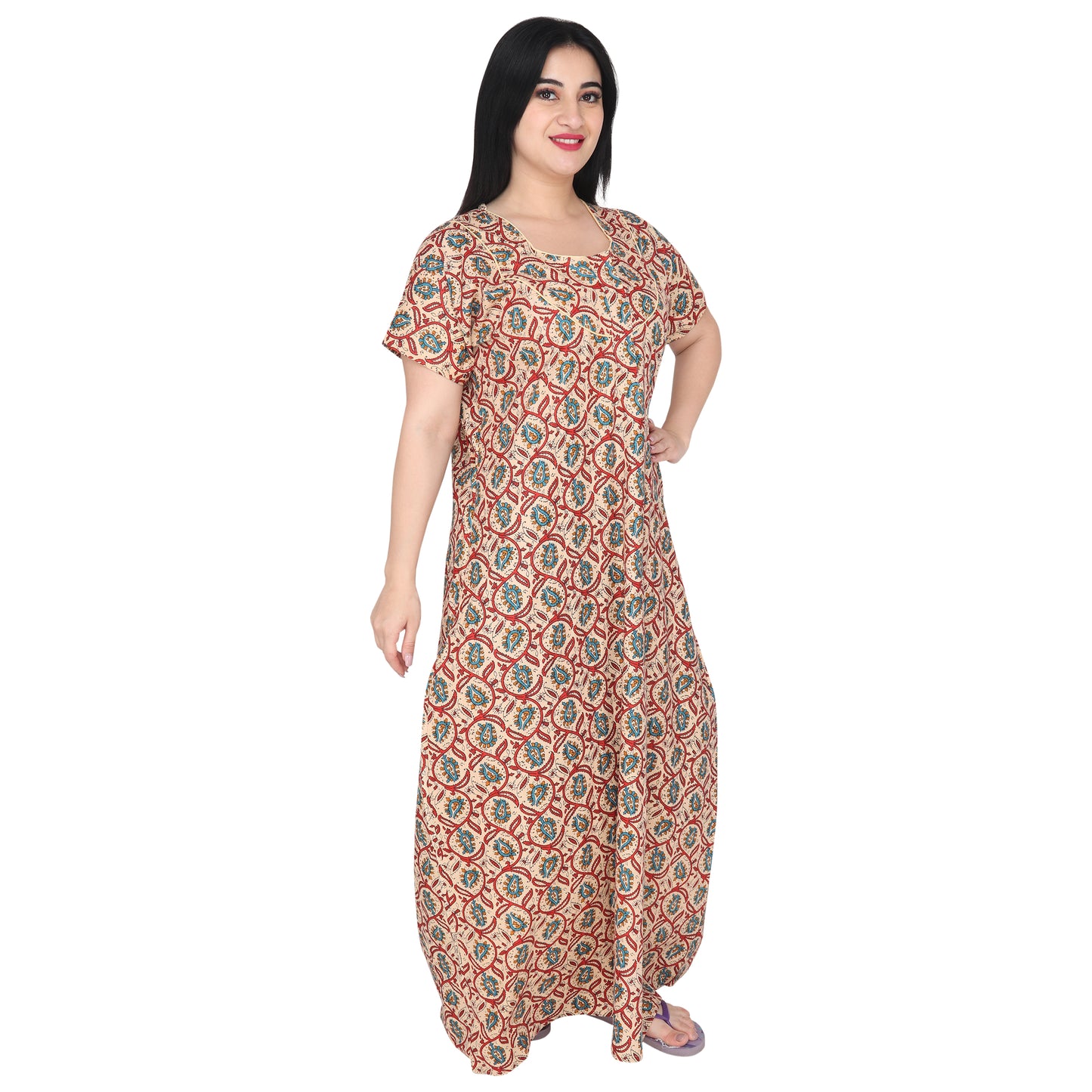 Printed Cotton Nighty For Women - Brown
