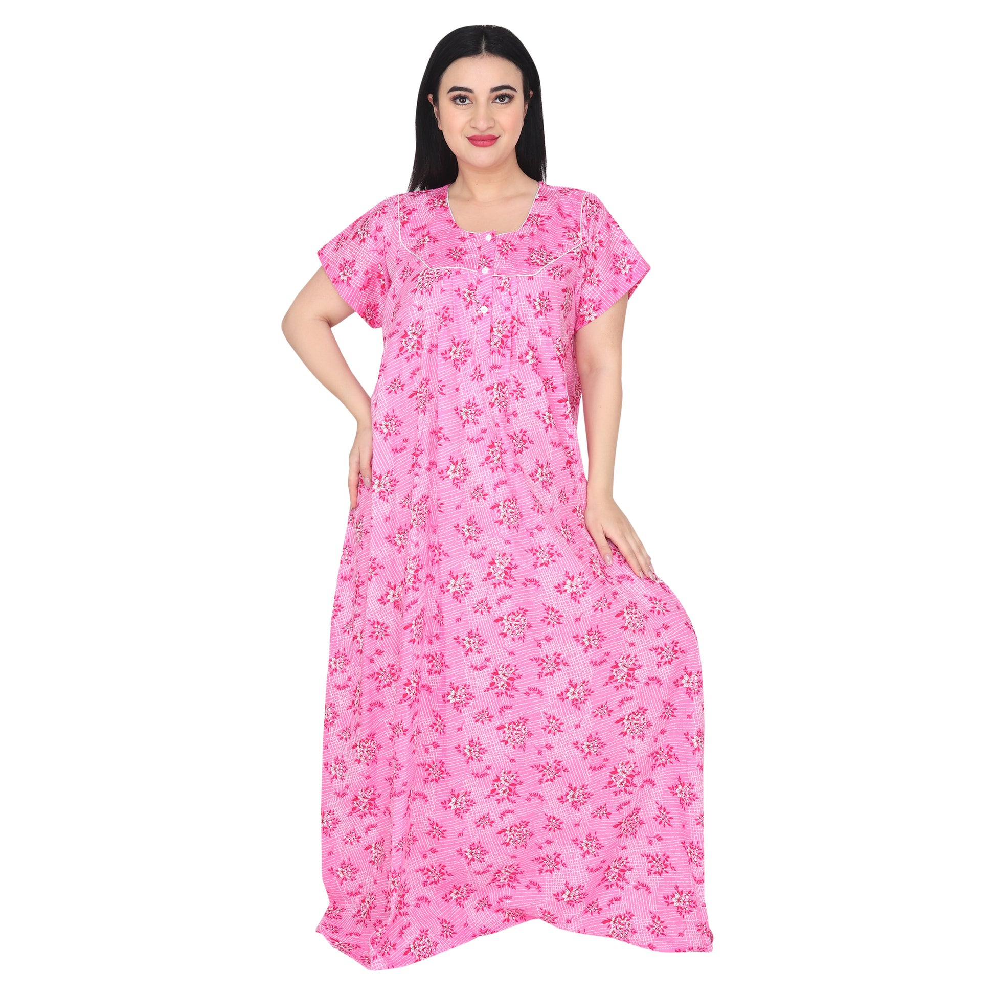 Printed Cotton Nighty For Women - Pink
