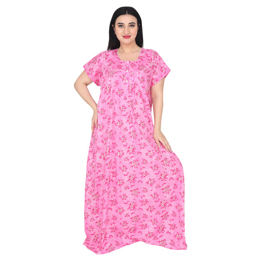 Printed Cotton Nighty For Women - Pink
