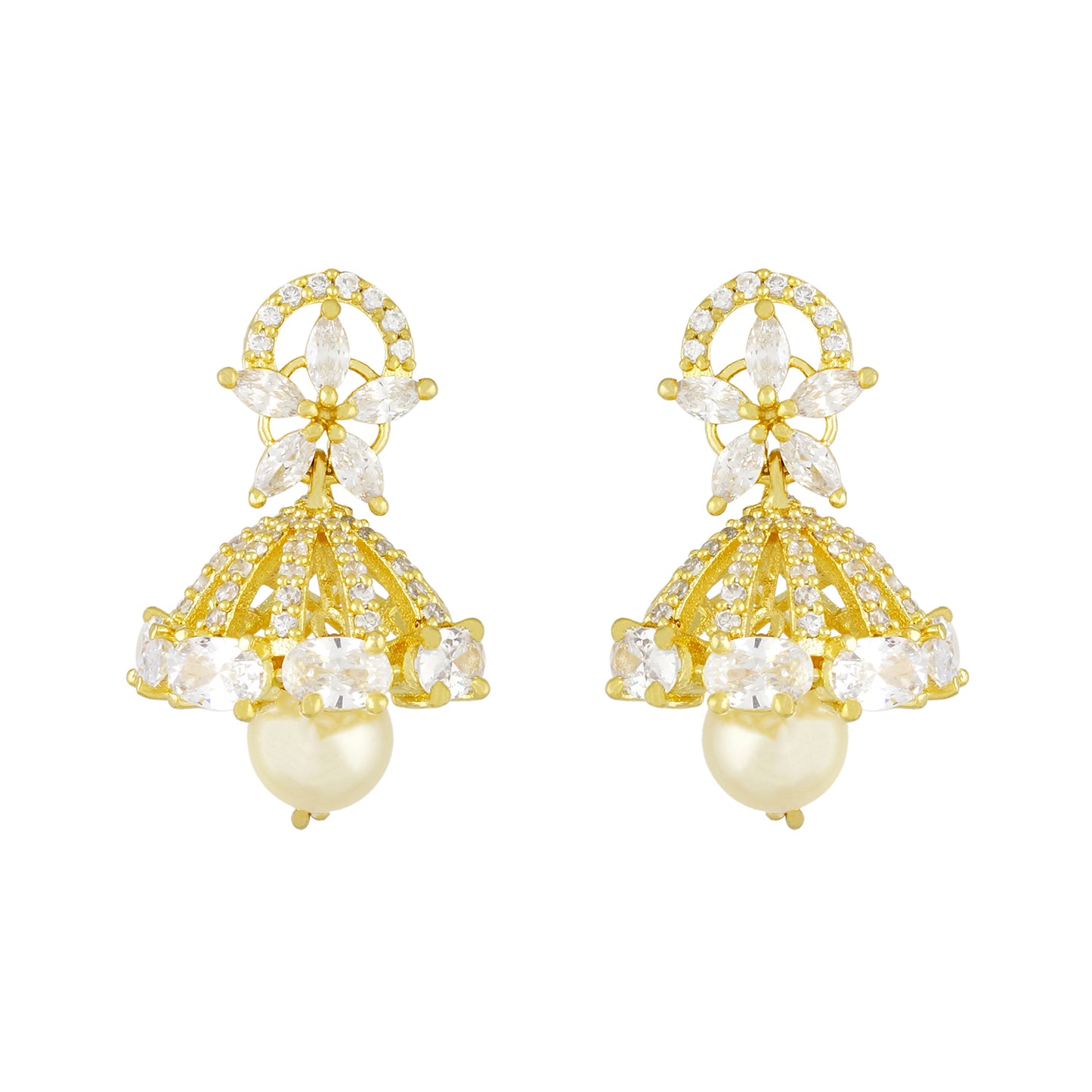 Stylish Gold Plated CZ Copper Jhumki with Pearl Hanging for Ladies and Girls