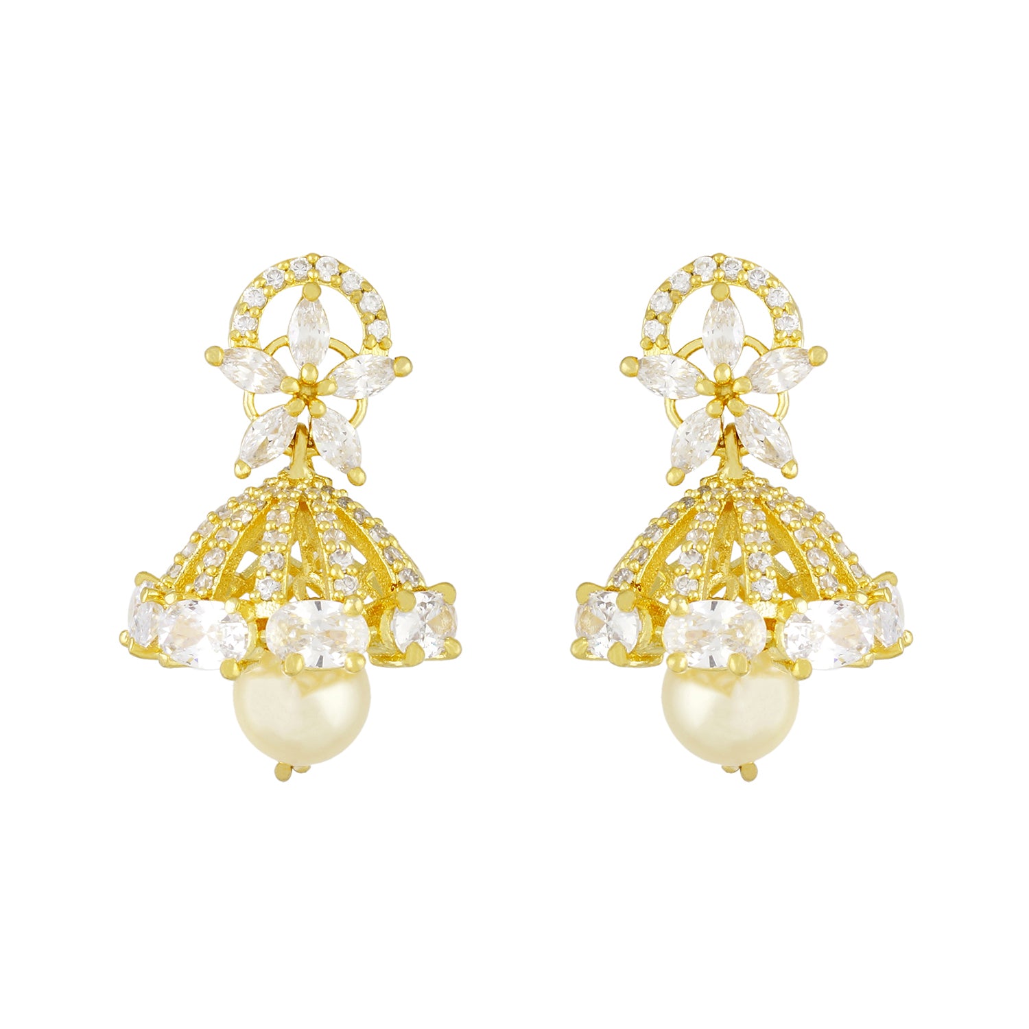 Stylish Gold Plated CZ Copper Jhumki with Pearl Hanging for Ladies and Girls