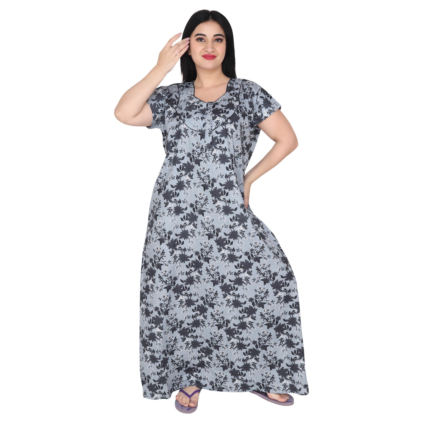 Printed Cotton Nighty For Women - Blue
