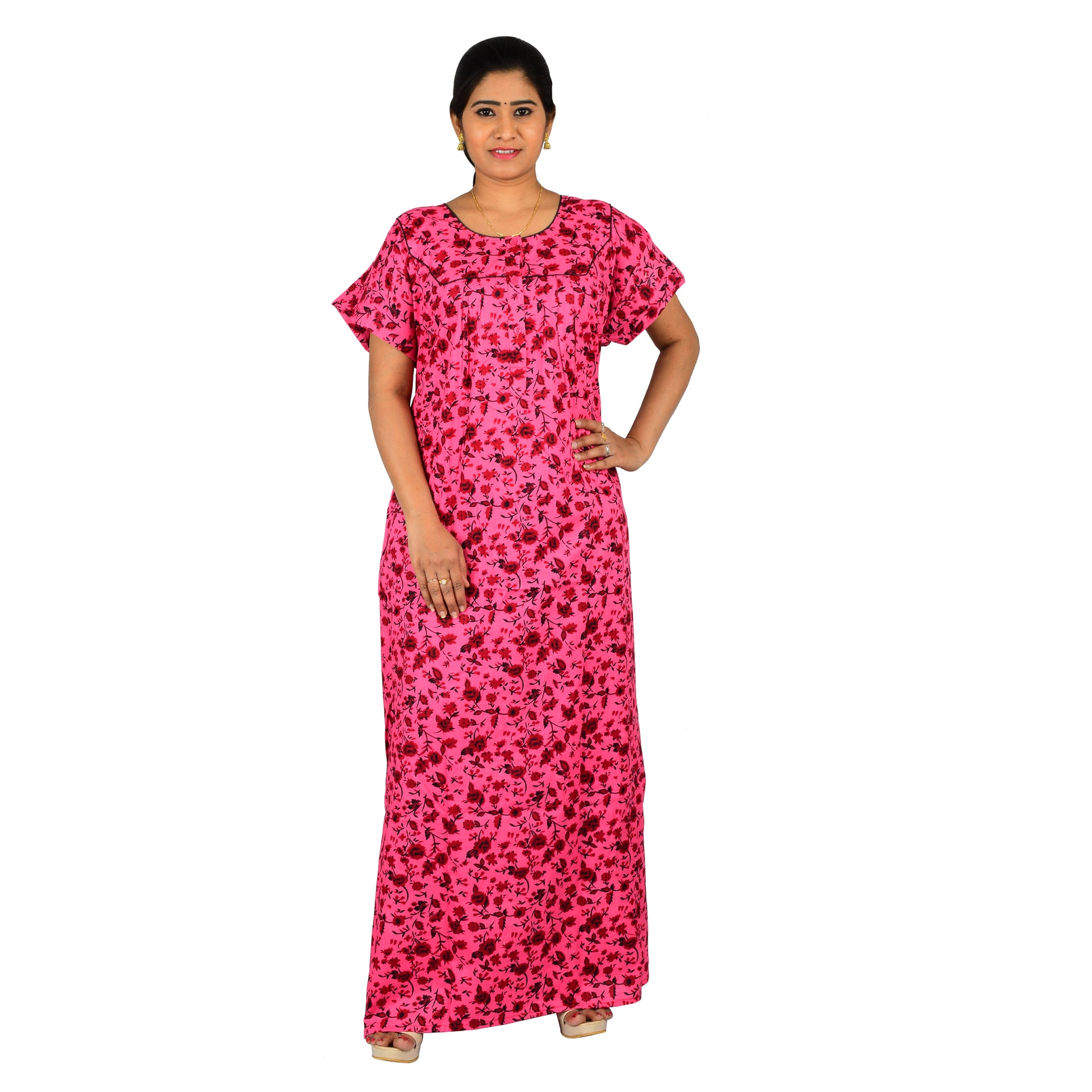 Printed Cotton Nighty For Women - Pink