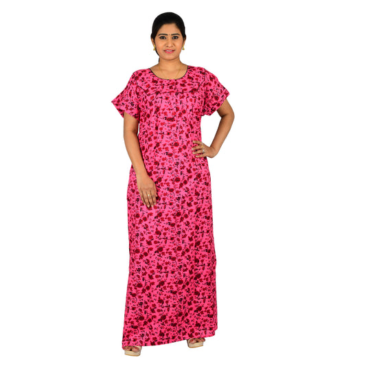 Printed Cotton Nighty For Women - Pink