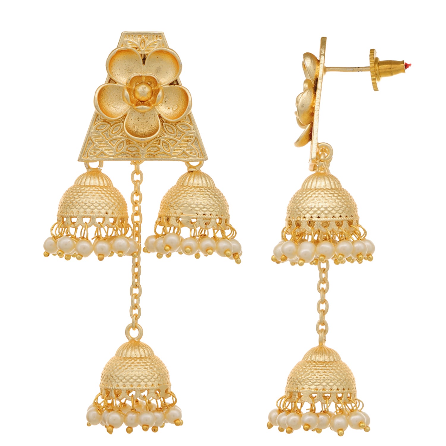Gold Plated Floral Three Jhumki Designer Pearl Brass Earrings for Girls and Women