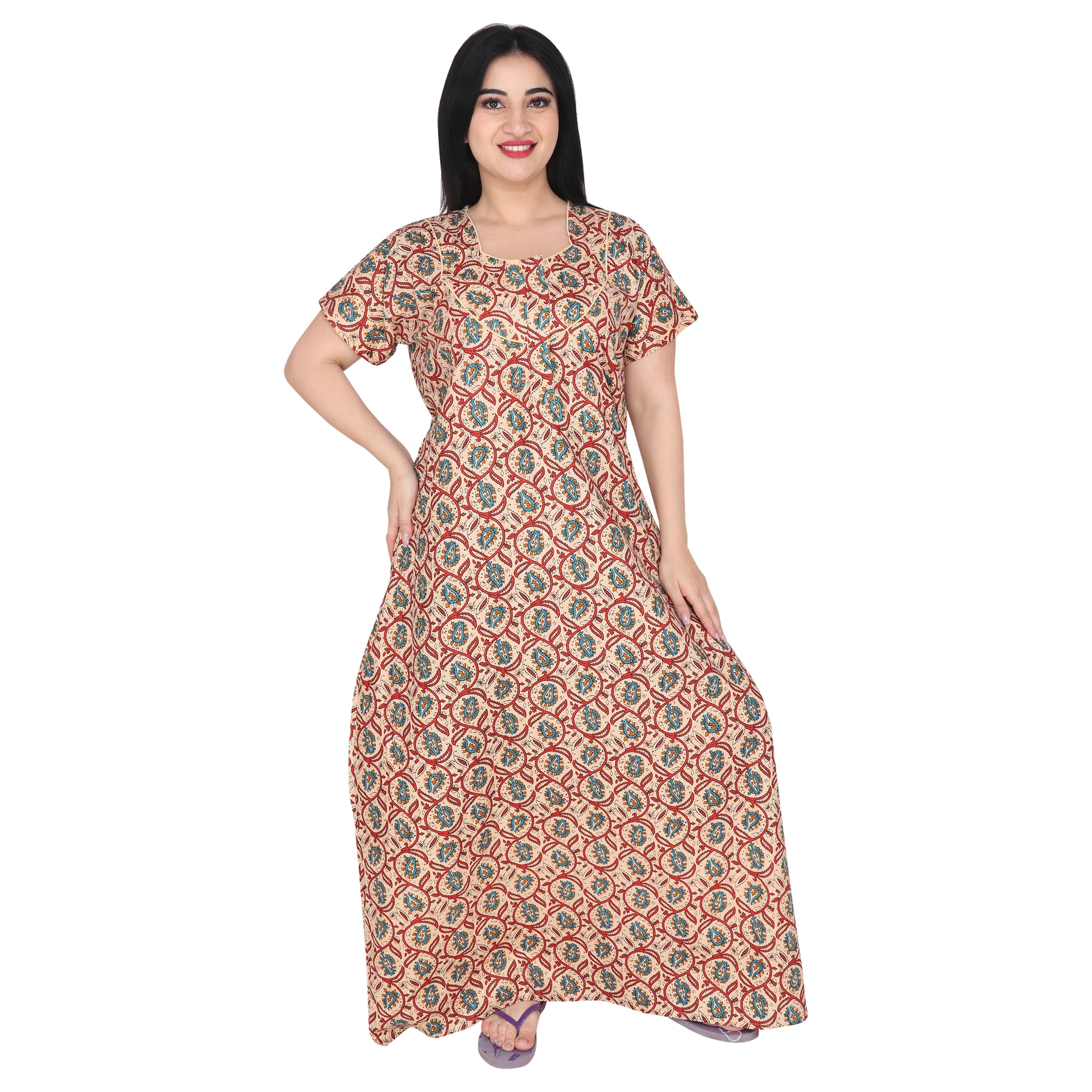 Printed Cotton Nighty For Women - Brown
