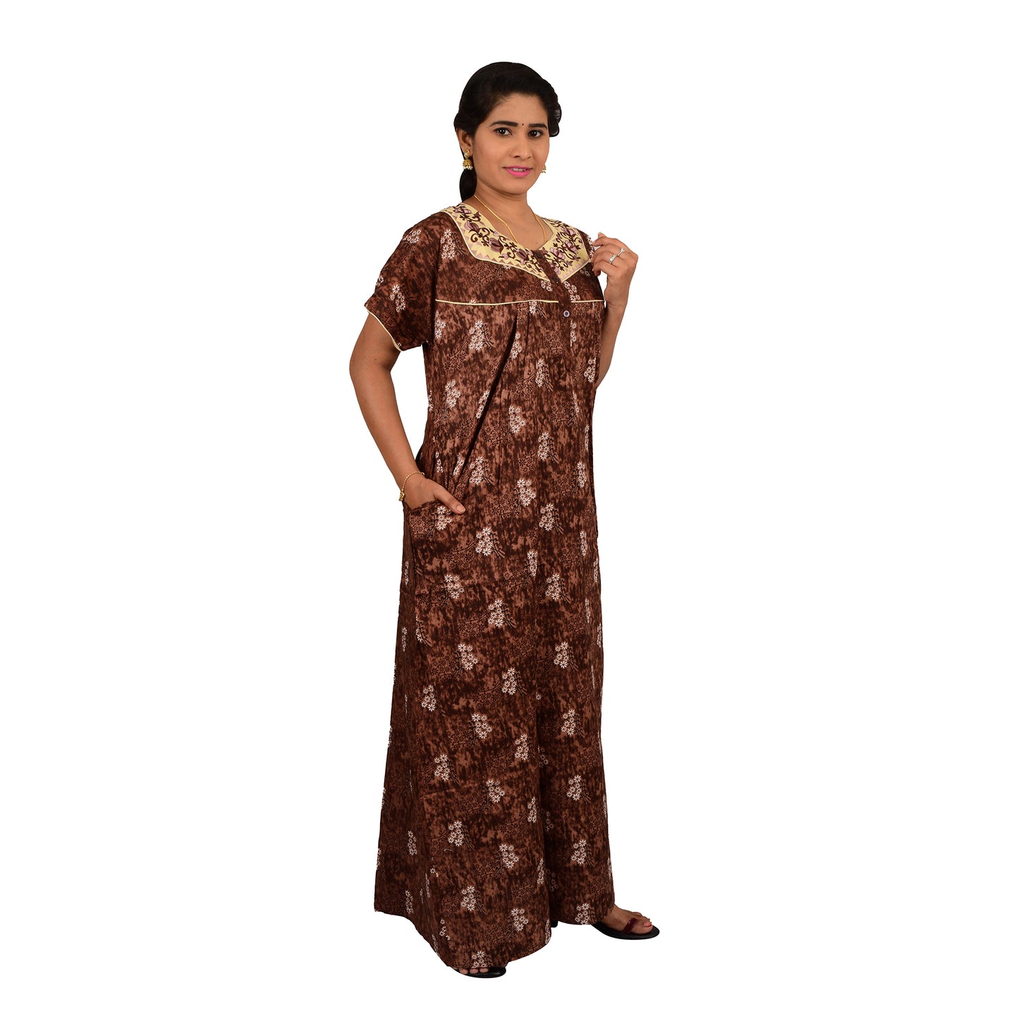 Embroidery Printed Cotton Nighty For Women - Brown